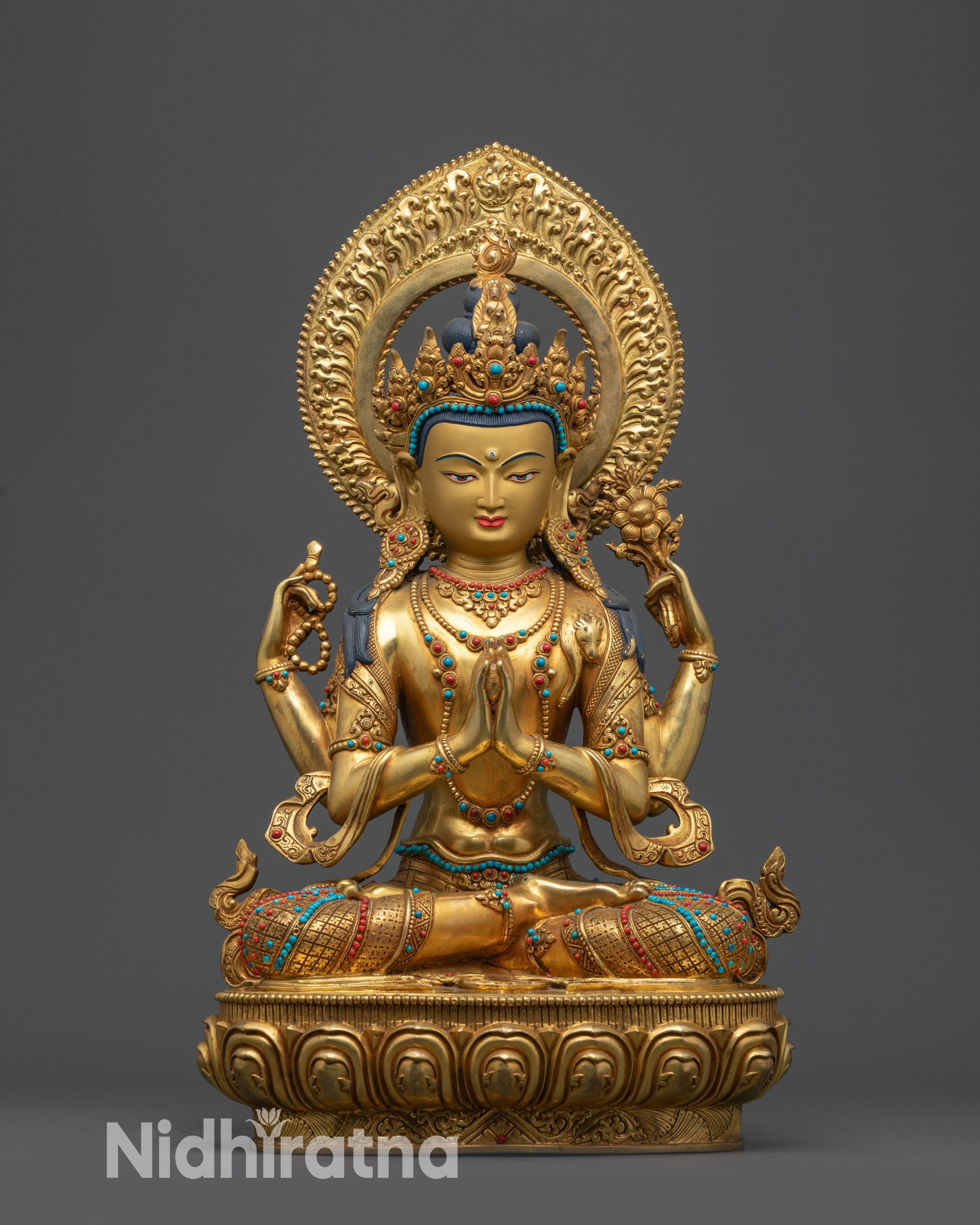 Front view Chenrezig Avalokiteshvara Bodhisattva statue Nepalese Tibetan meditation art