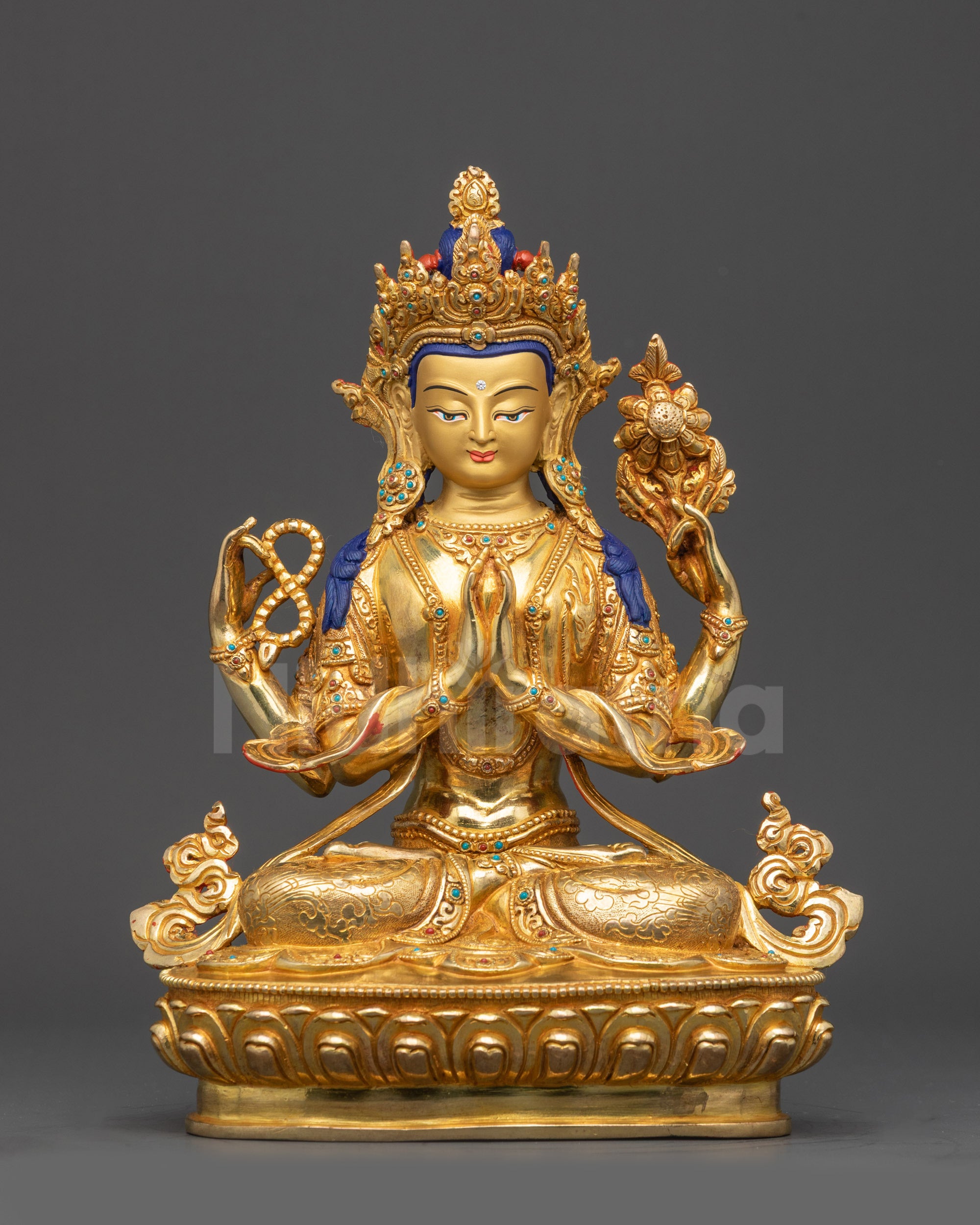 Front view Chenrezig Bodhisattva Statue on lotus base with gold fire-gilded details