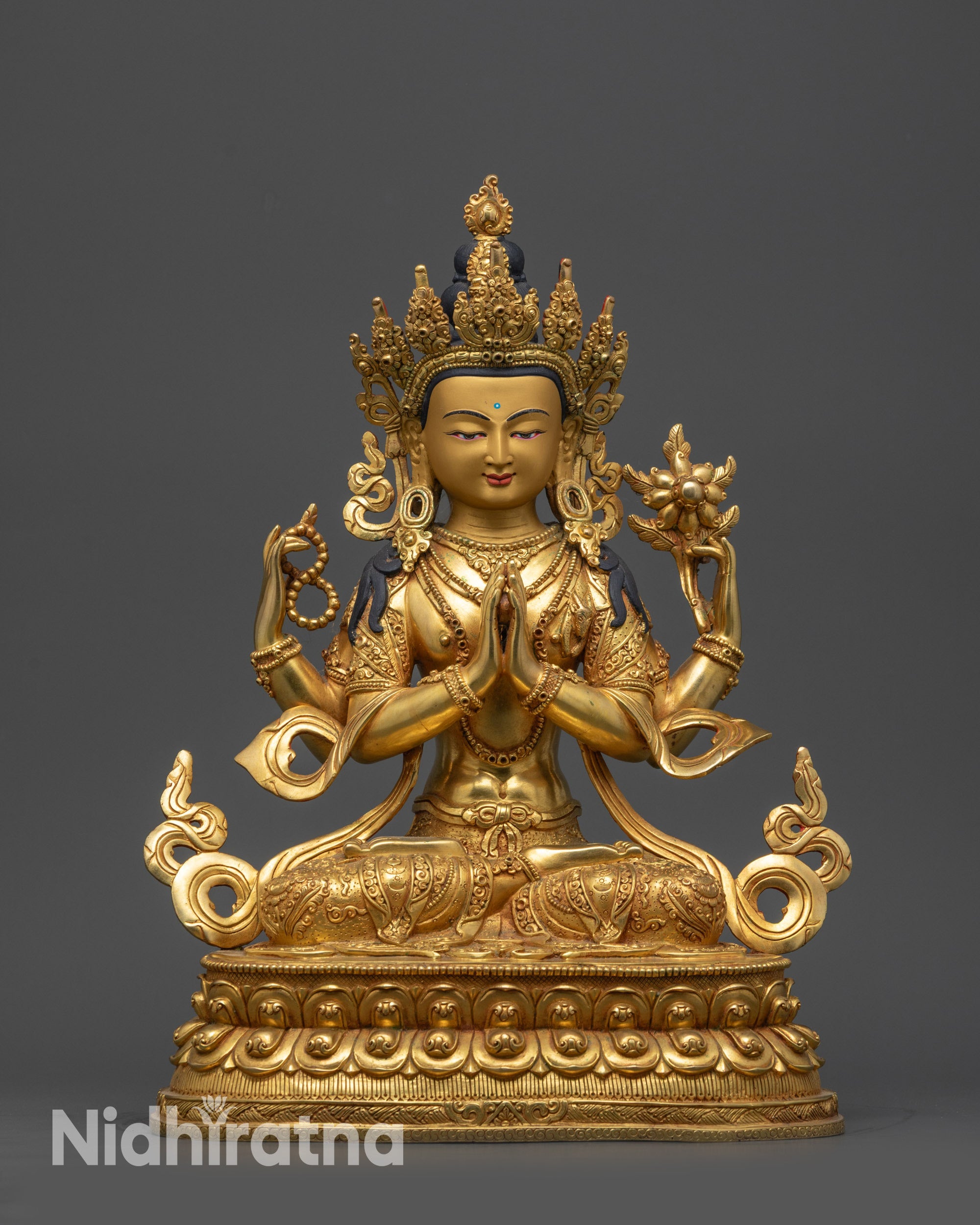 Front view Chenrezig Statue on gold fire-gilded base with lotus seat and jeweled crown