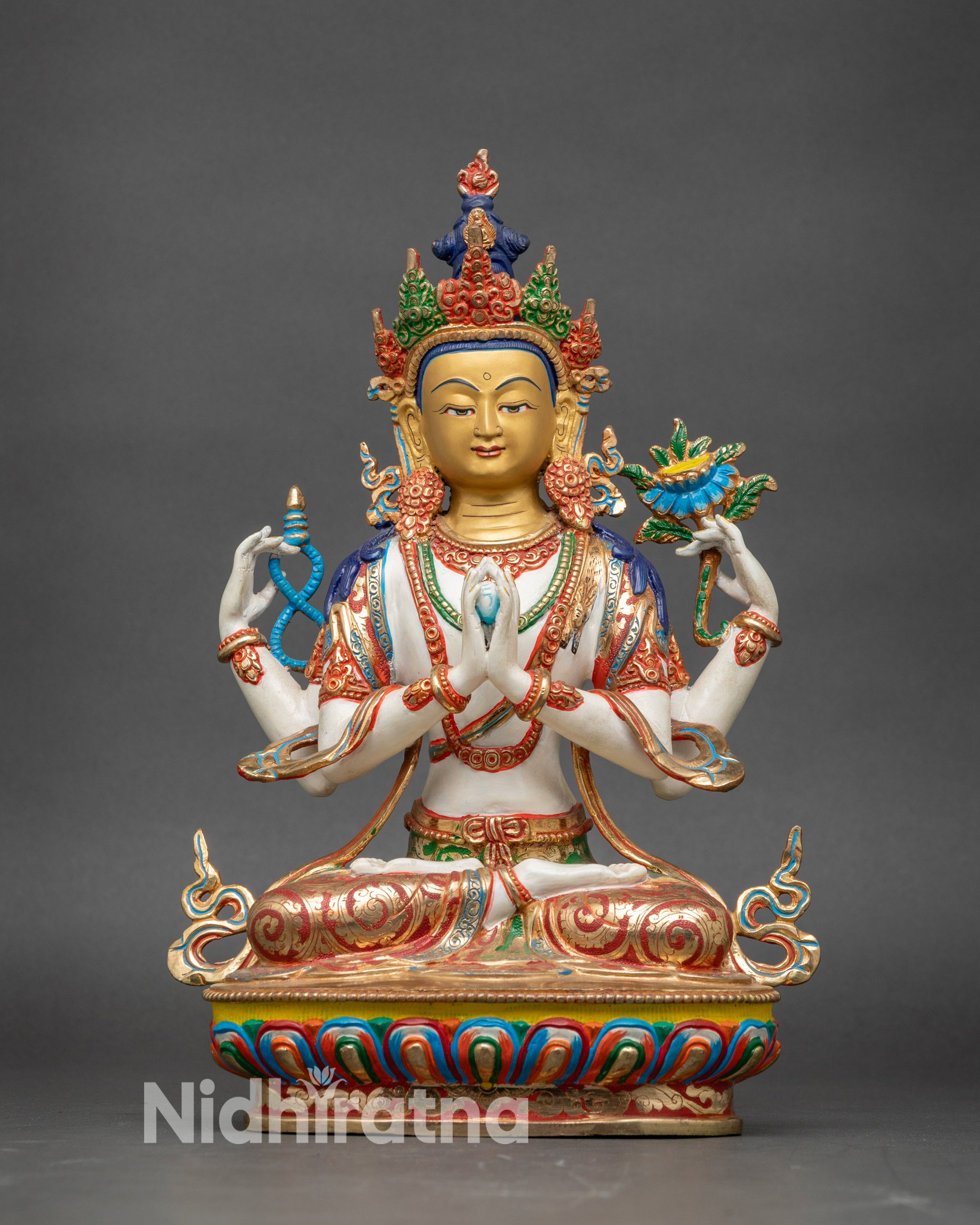 Front view Chenrezig statue copper with gold-painted face and hand-painted acrylic colors