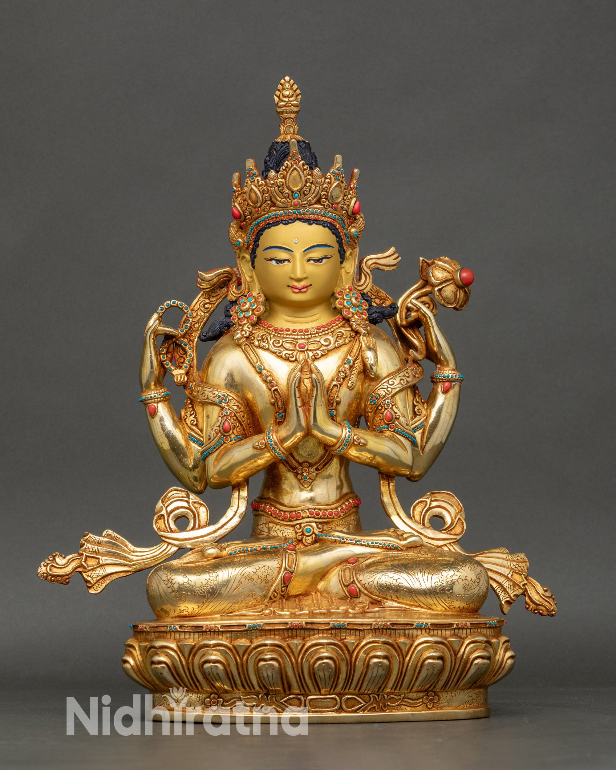 Front view Chenrezig statue gold-gilded copper with turquoise coral stones