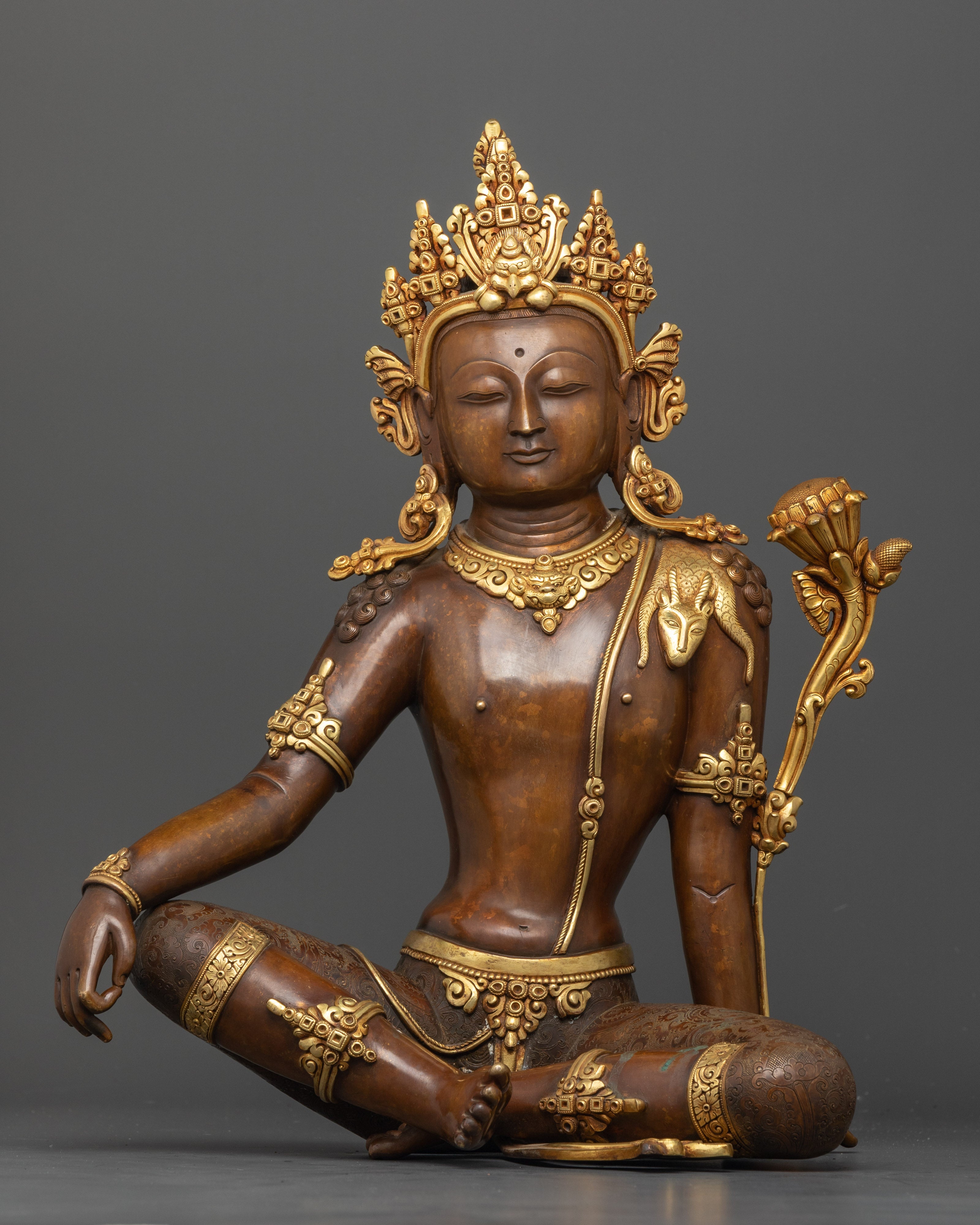 Front view Chenrezig statue oxidized copper gold-accented Nepalese Buddhist deity