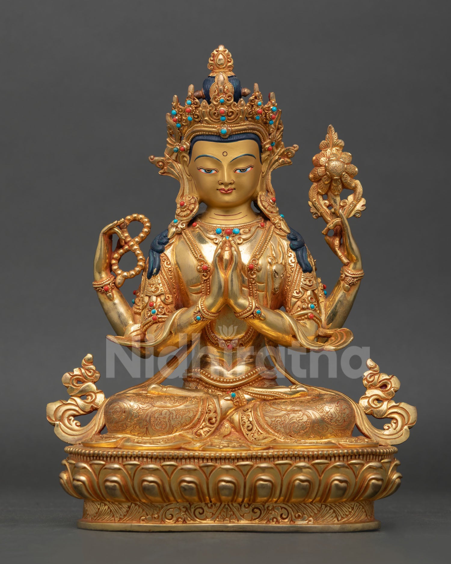 Front view Chenrezig statue seated on lotus pedestal, Four-Armed Avalokiteshvara Buddhist sculpture Nepal