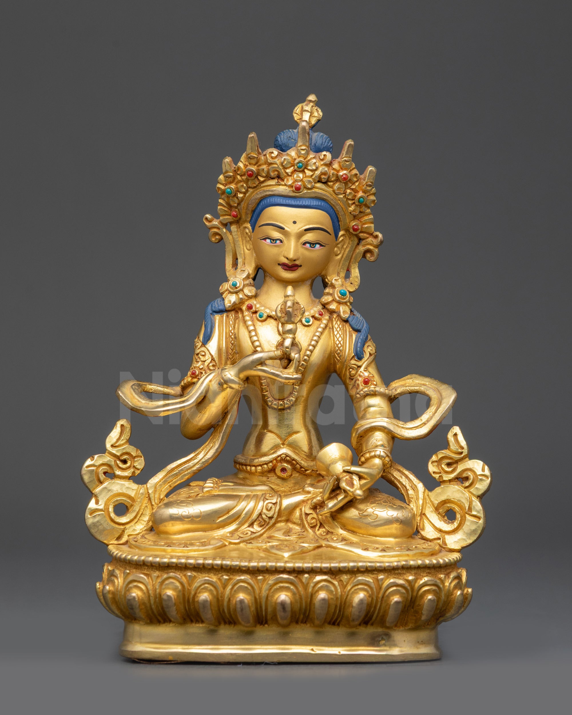 Front view Dorje Sempa statue with gold-gilded crown and lotus seat