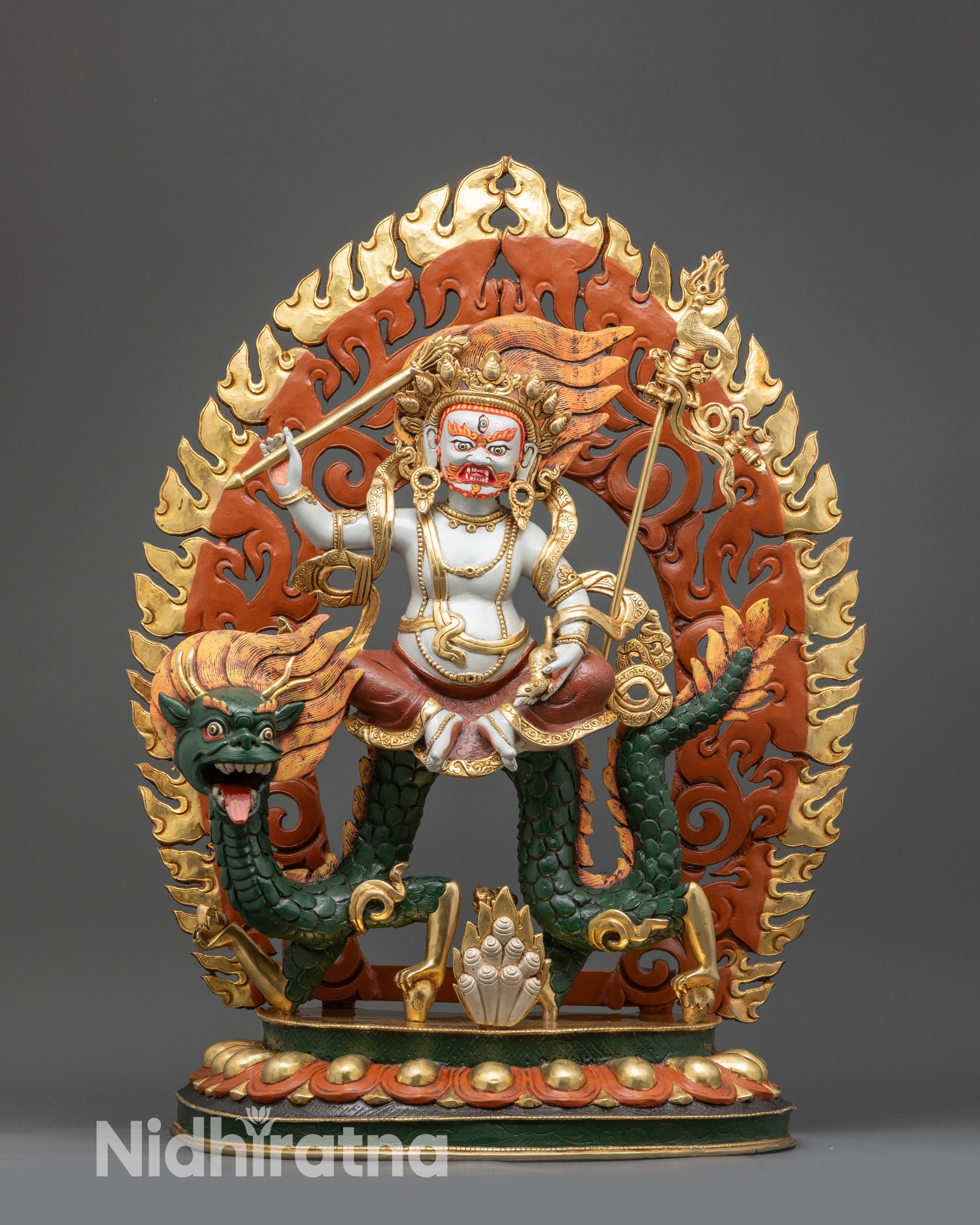 Front view Dragon-riding White Dzambhala statue with gold-plated halo and floating robe