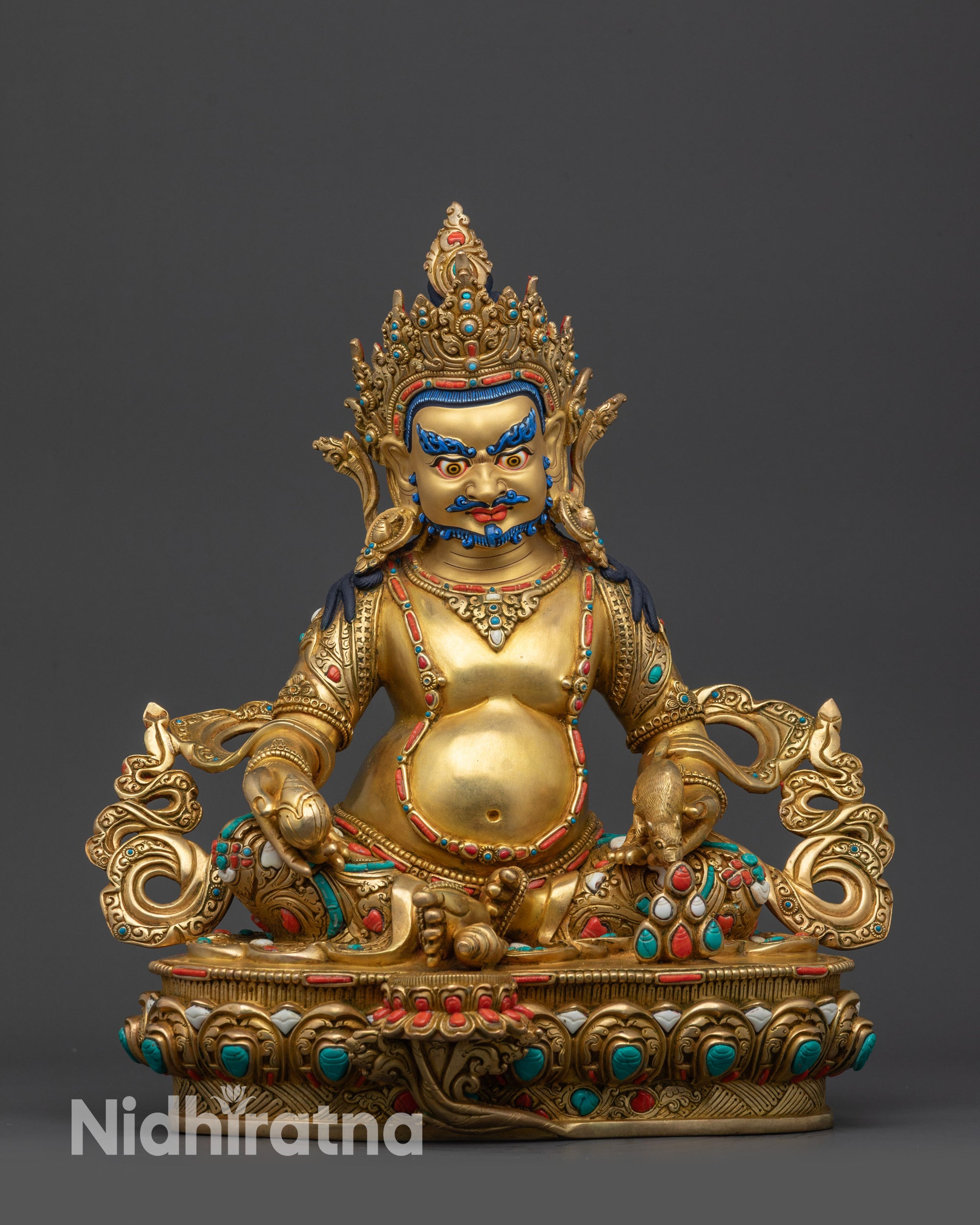 Front view Dzambhala Statue on gold fire-gilded base, handcrafted Nepalese copper alloy
