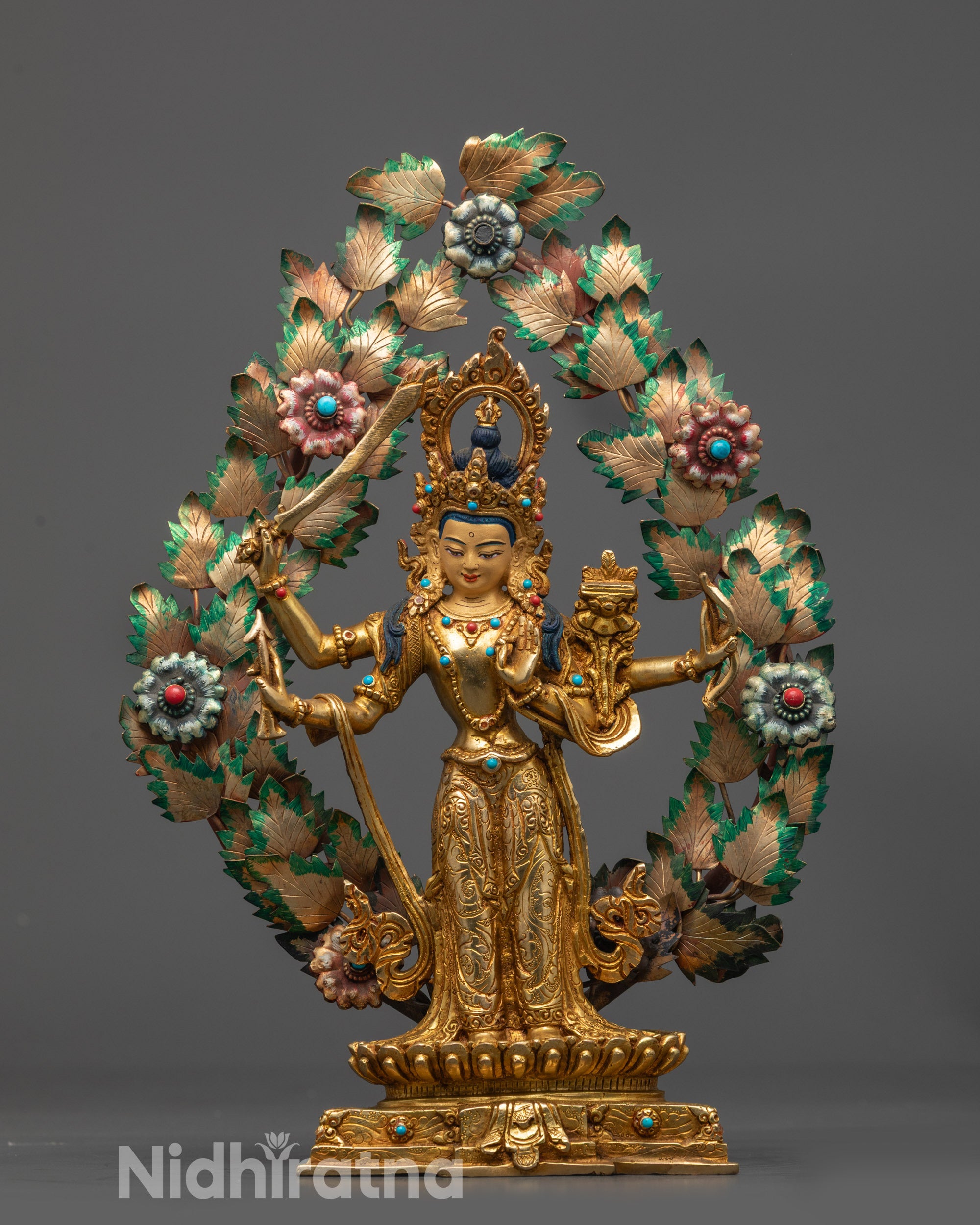 Front view Elegant Maha Manjushri Statue with gold-gilded face and copper base