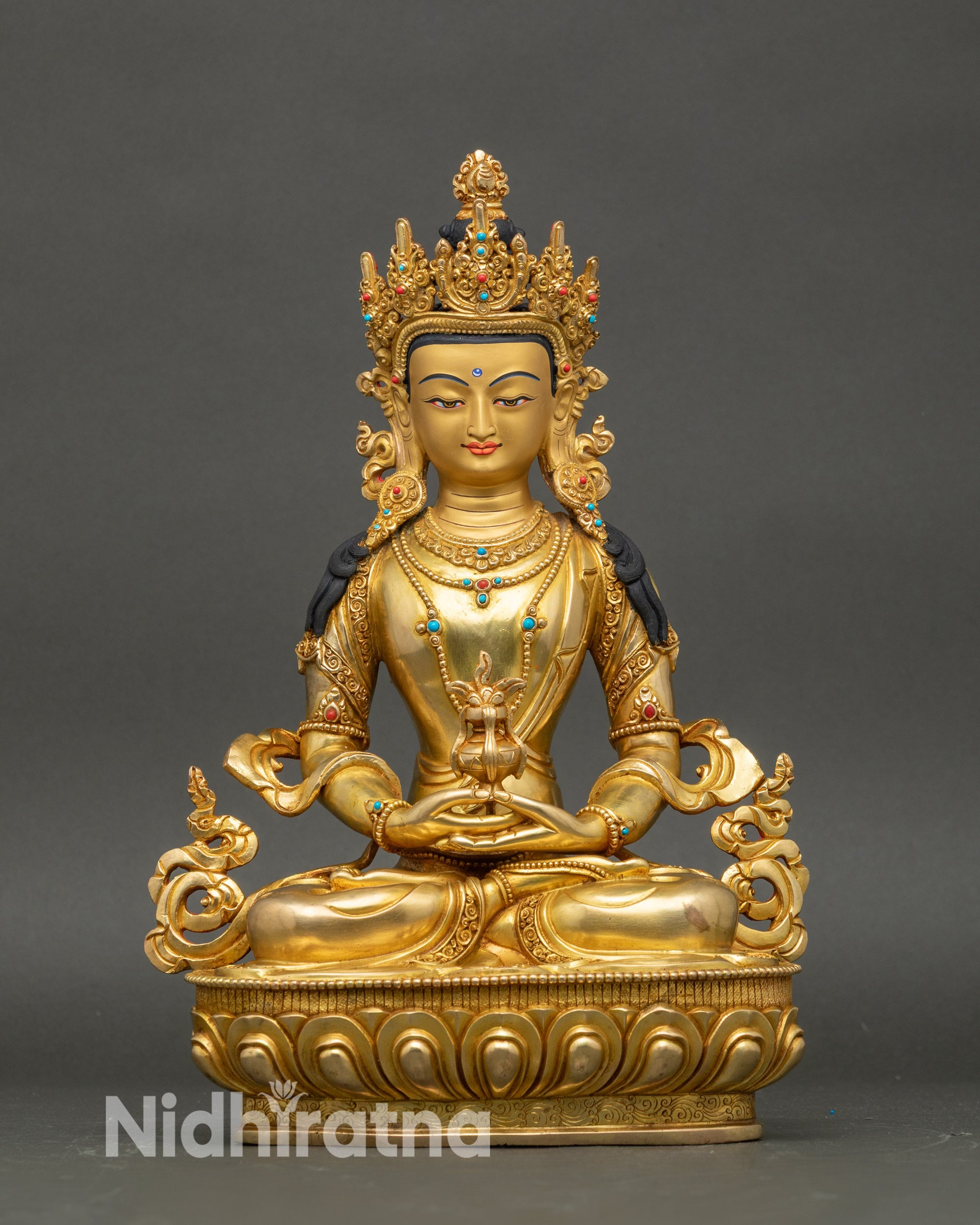 Front view β Exquisite Amitayus Buddha Statue in gold with turquoise & coral, meditation dΓ©cor