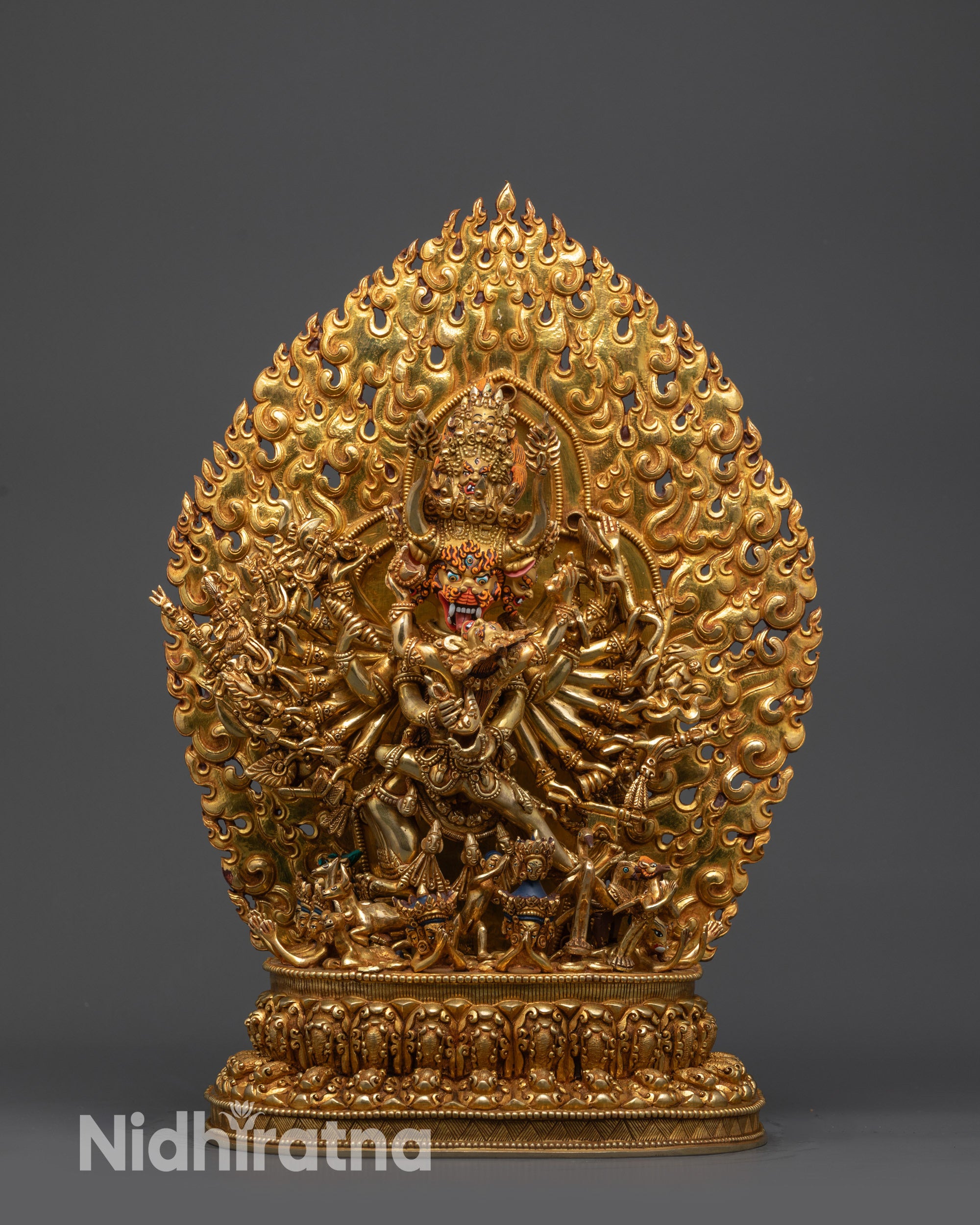 Front view Fierce Yamantaka Yab-Yum statue with nine faces and sixteen arms on lotus seat