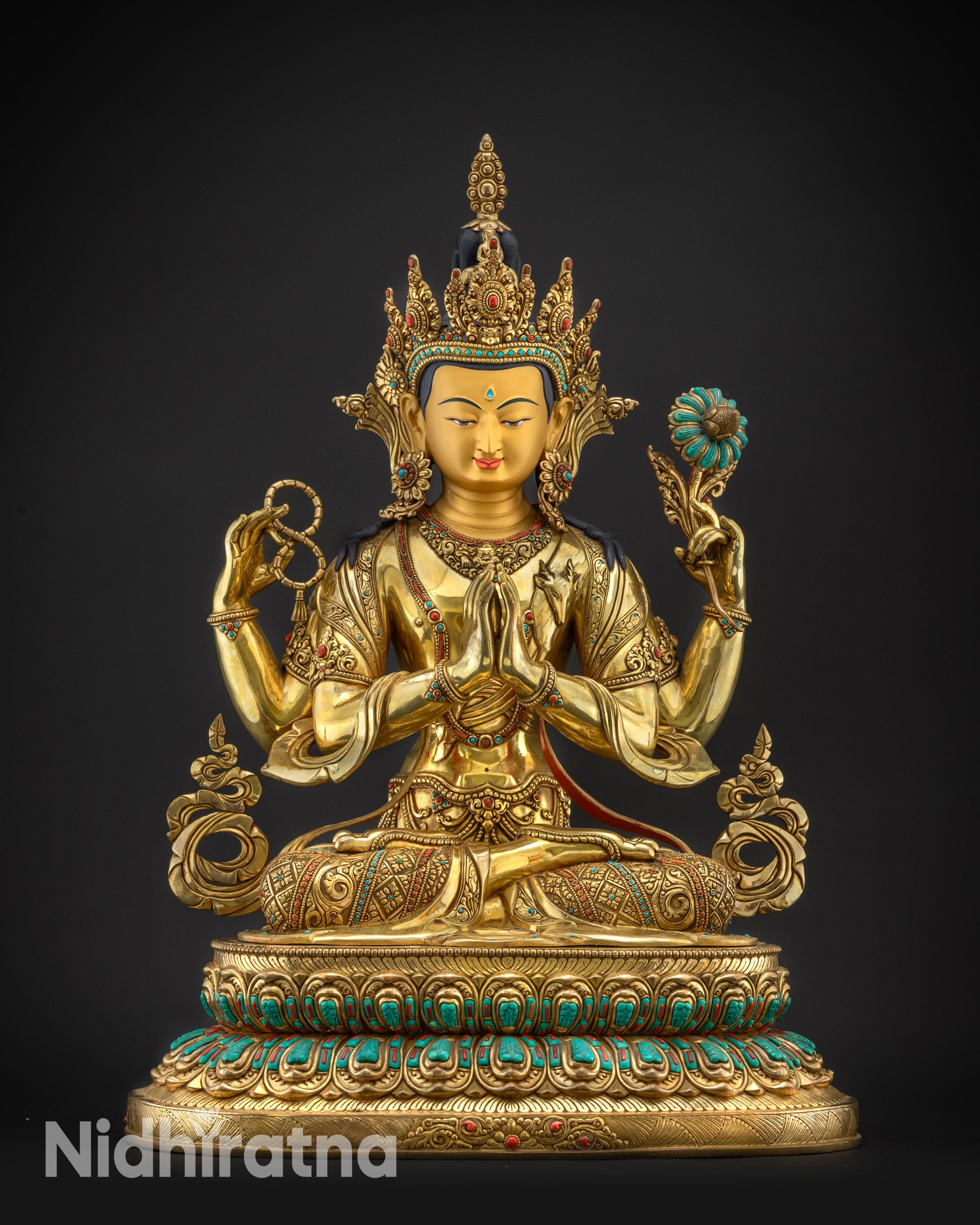 Front view Four-Armed Chenrezig Buddha Statue on lotus base spiritual décor