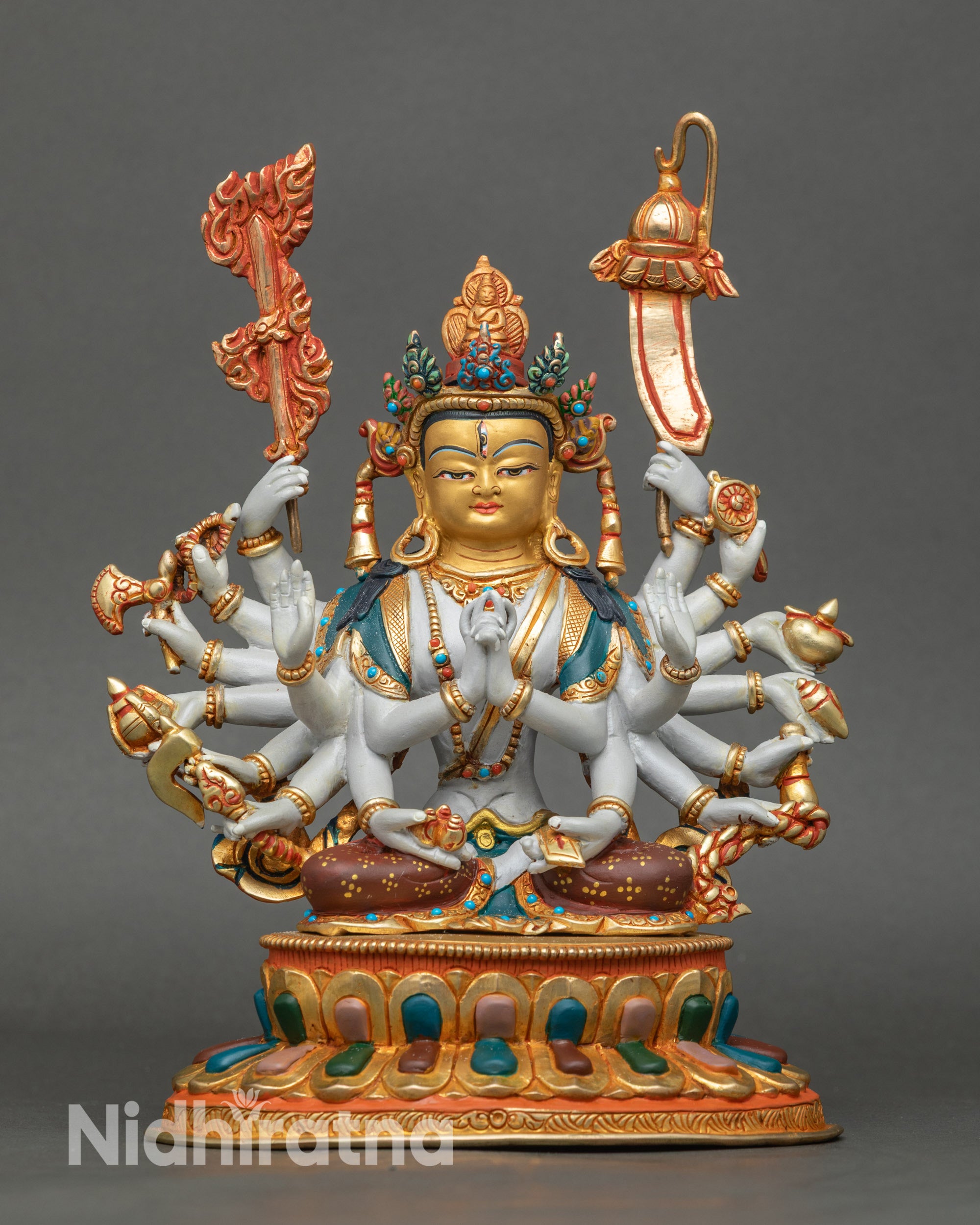 Front view: Front view Chundi statue, handmade Nepalese copper with gold, semi-precious stones