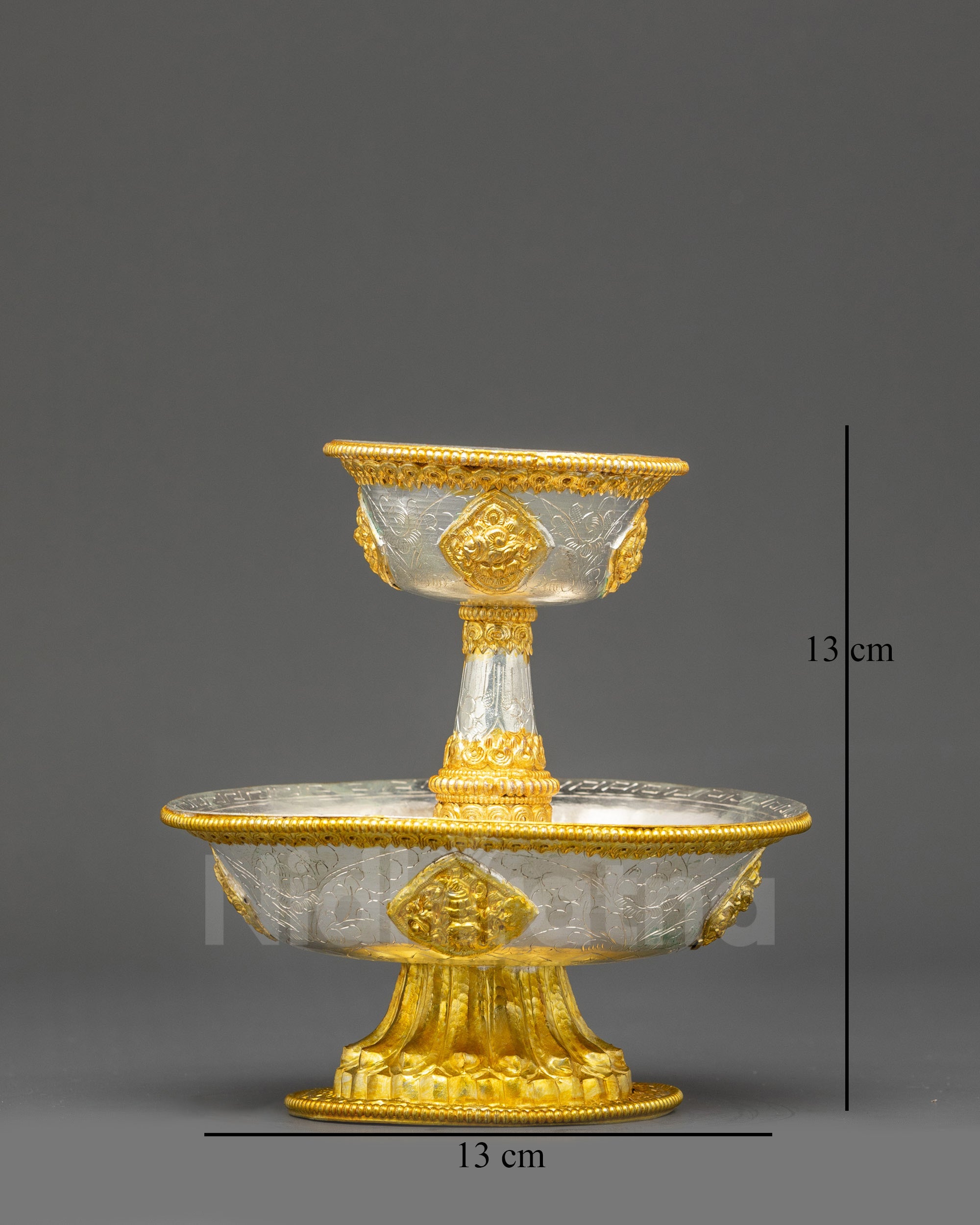 Front view: Front view Serkyem offering bowl, gold and silver-plated, handmade Nepalese ritual vessel