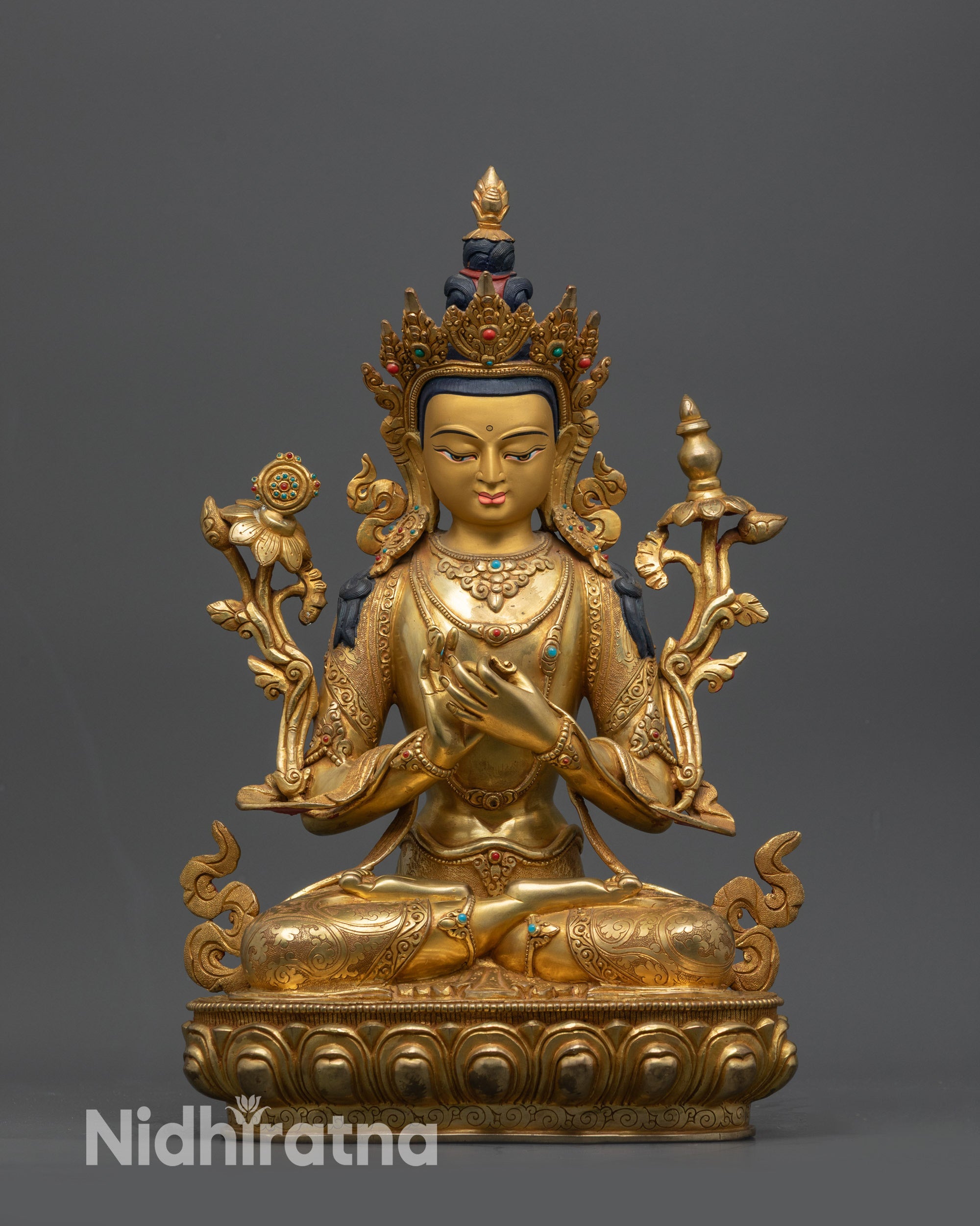 Front view Future Buddha Maitreya Statue with lotus pose and gold-gilded face