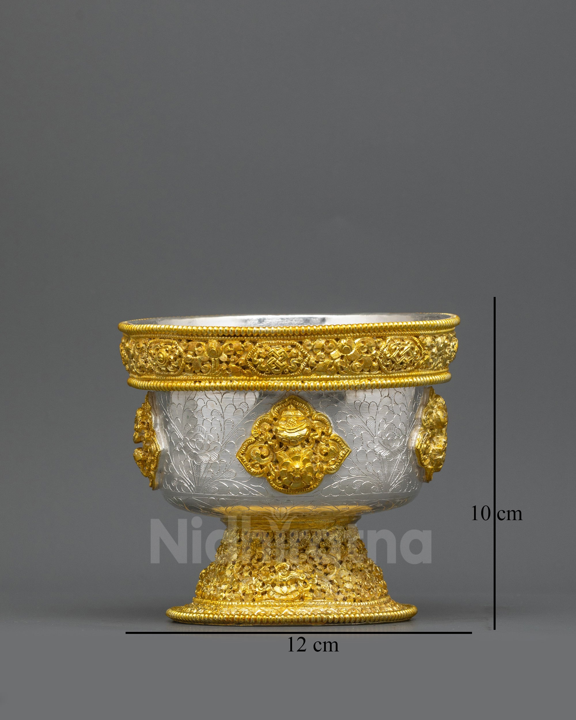 Front view Gold & Silver-Plated Water Offering Bowl, Tibetan ritual vessel