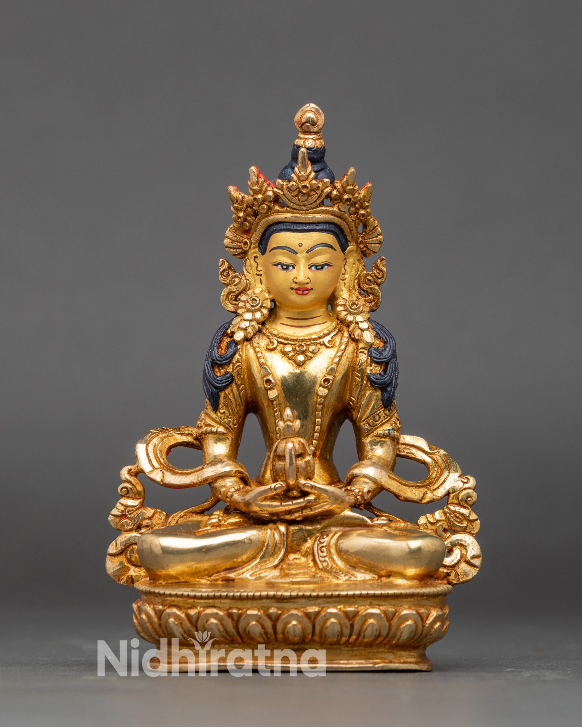 Front view Golden Bodhisattva Amitayus statue lotus pedestal 24K gold Nepalese art