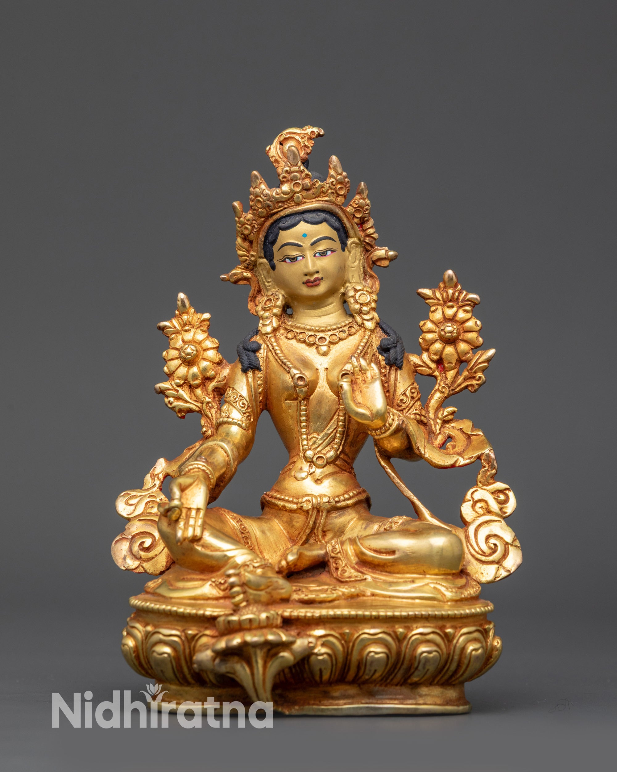 Front view Green Tara Sculpture handcrafted Himalayan goddess for compassion and protection