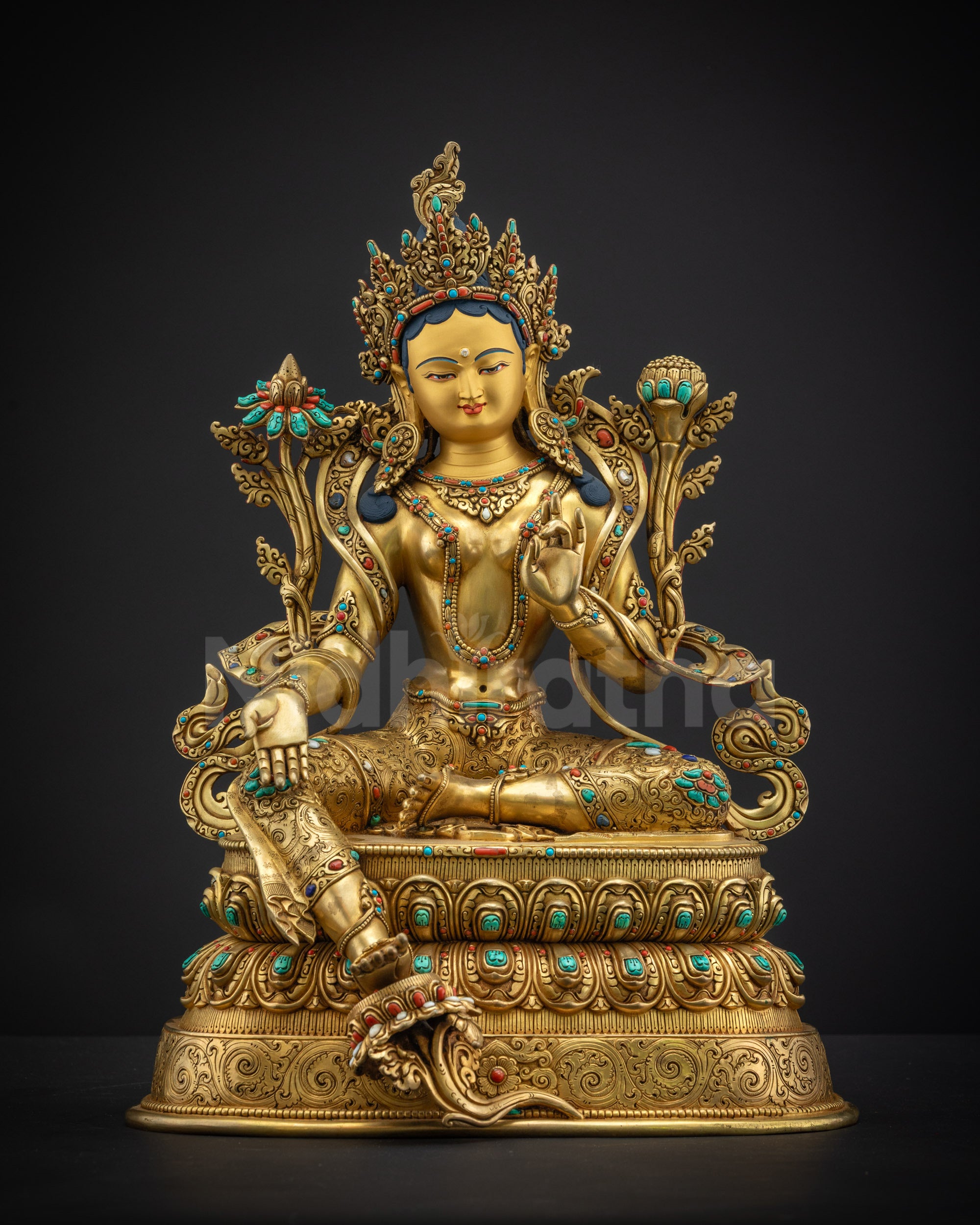 Front view Green Tara Statue with Abhaya and Varada Mudra on lotus pedestal