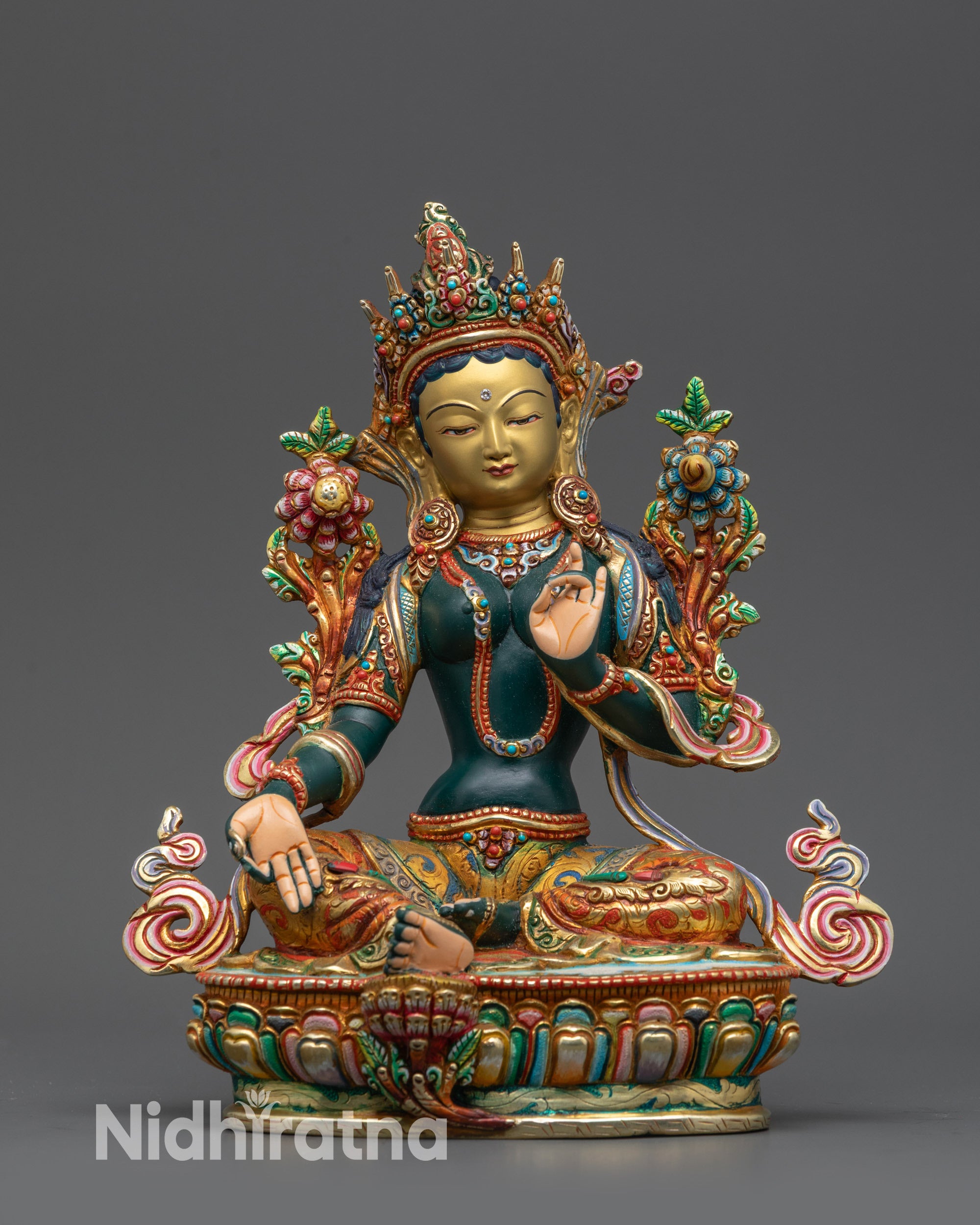 Front view Green Tara Statue with gold-gilded face on lotus seat for meditation