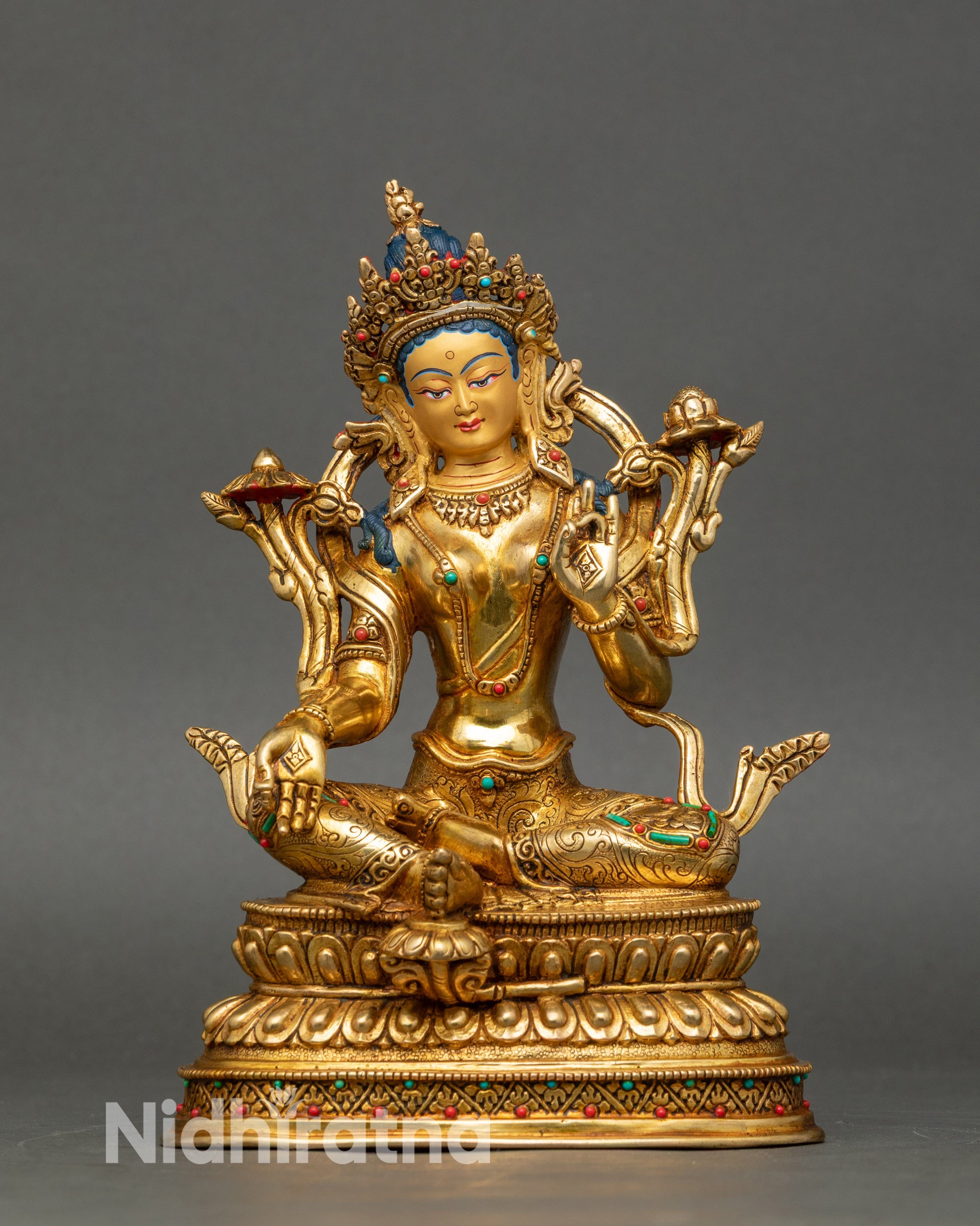 Front view Green Tara statue, gold-crafted with semi-precious stones, double lotus throne