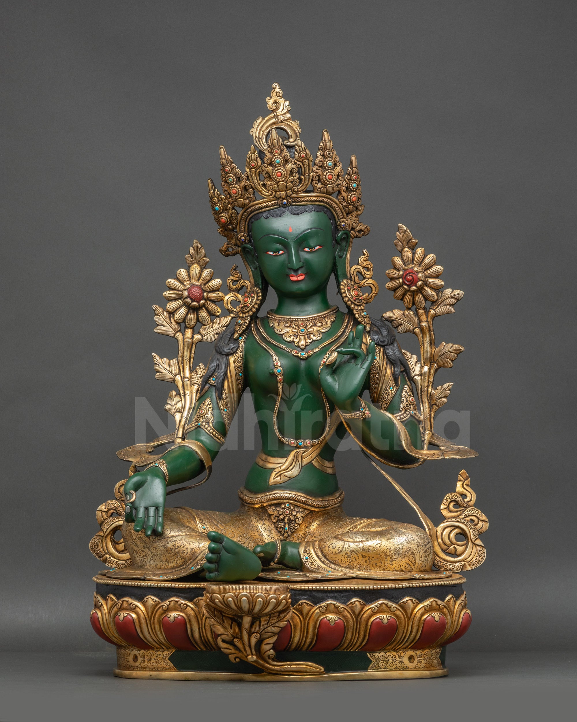 Front view Green Tara statue hand-painted copper with gold accents on lotus base