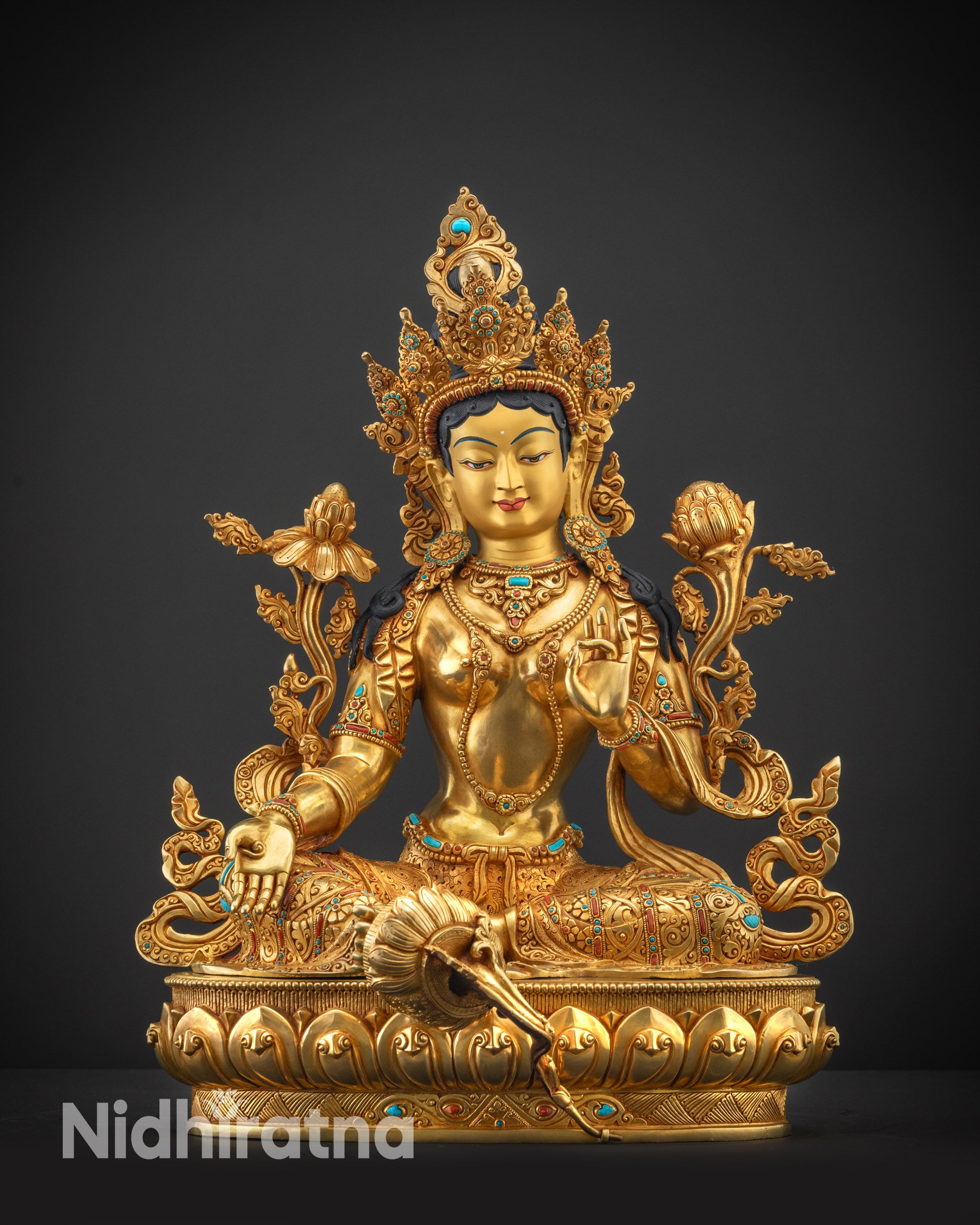 Front view Green Tara statue on double-layered lotus seat with crown and robes