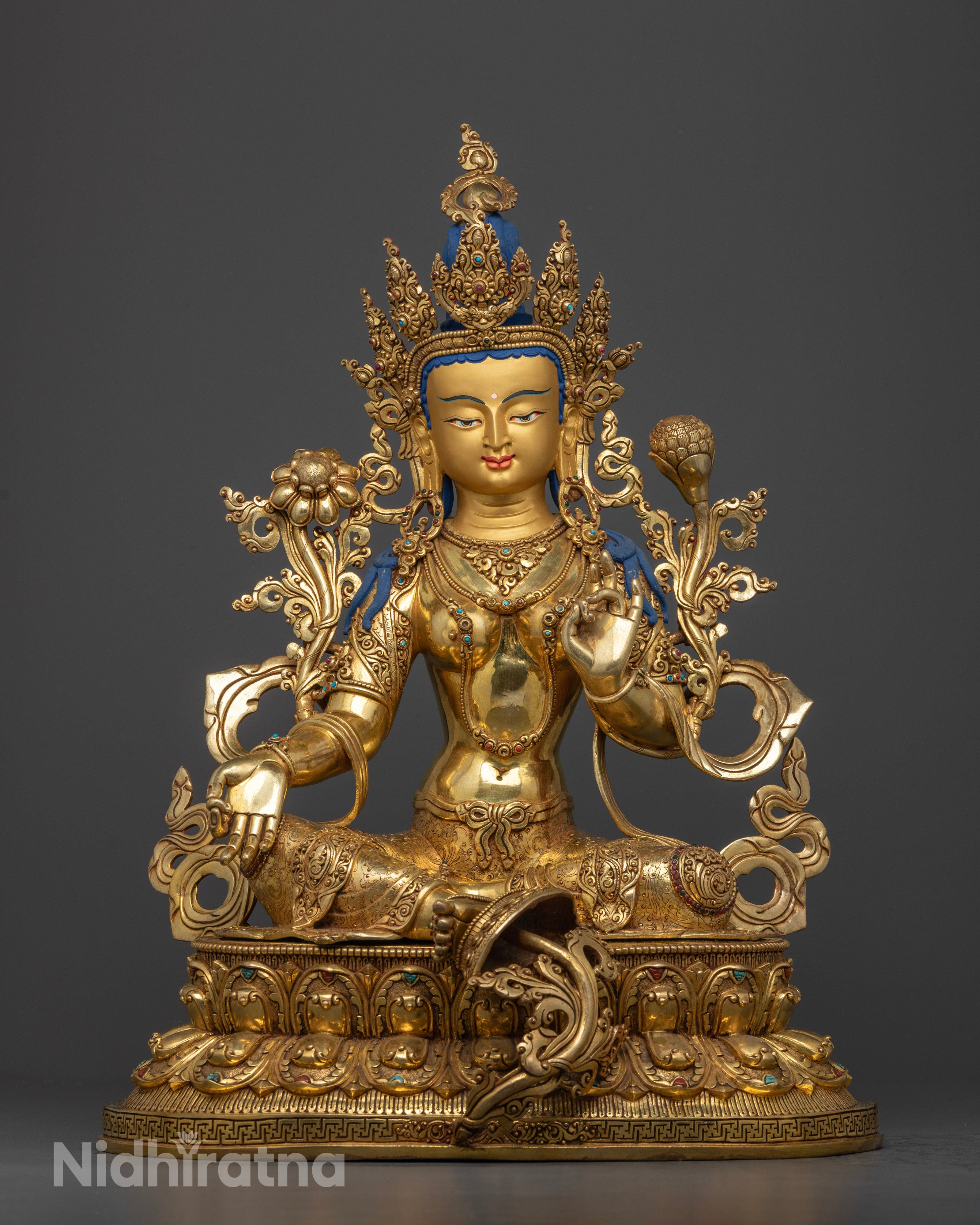 Front view Green Tara statue with double lotus throne, gold-painted face, Nepalese Buddhist art