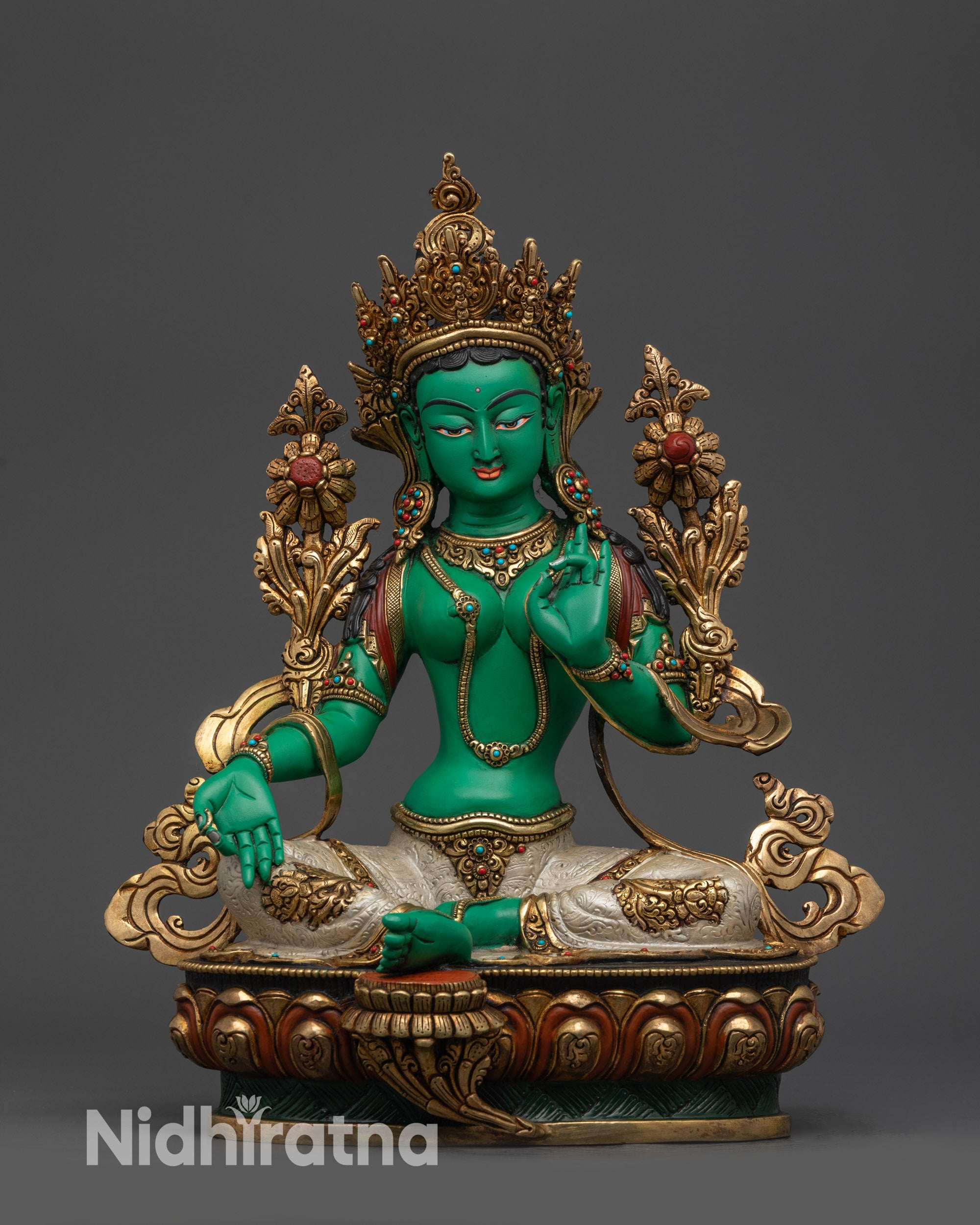 Front view Green Tara statue with gold-plated robe and lotus pedestal