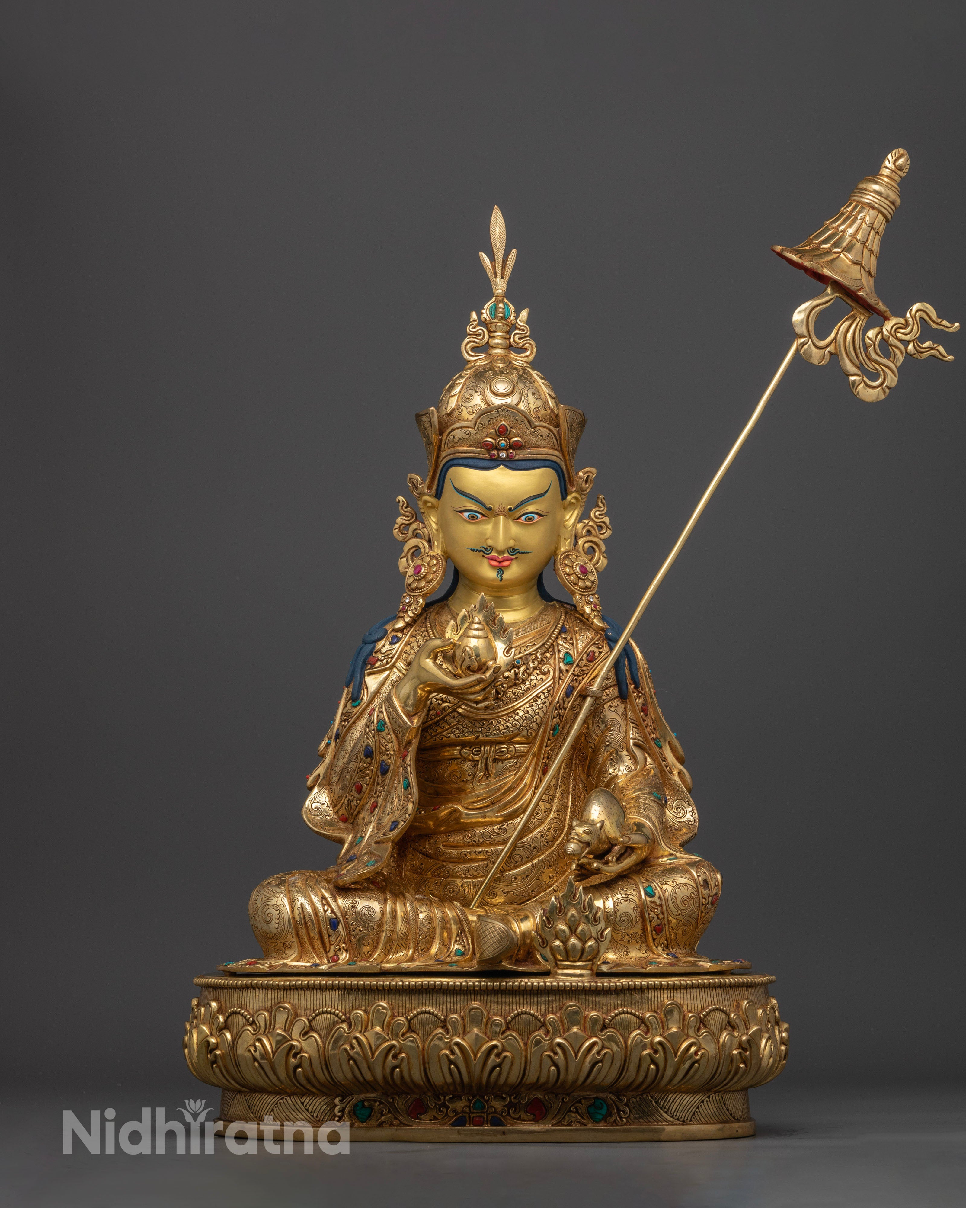 Front view Guru Orgyen Norlha statue with lotus pedestal, 24K gold fire-gilded copper, Nepalese Buddhist art