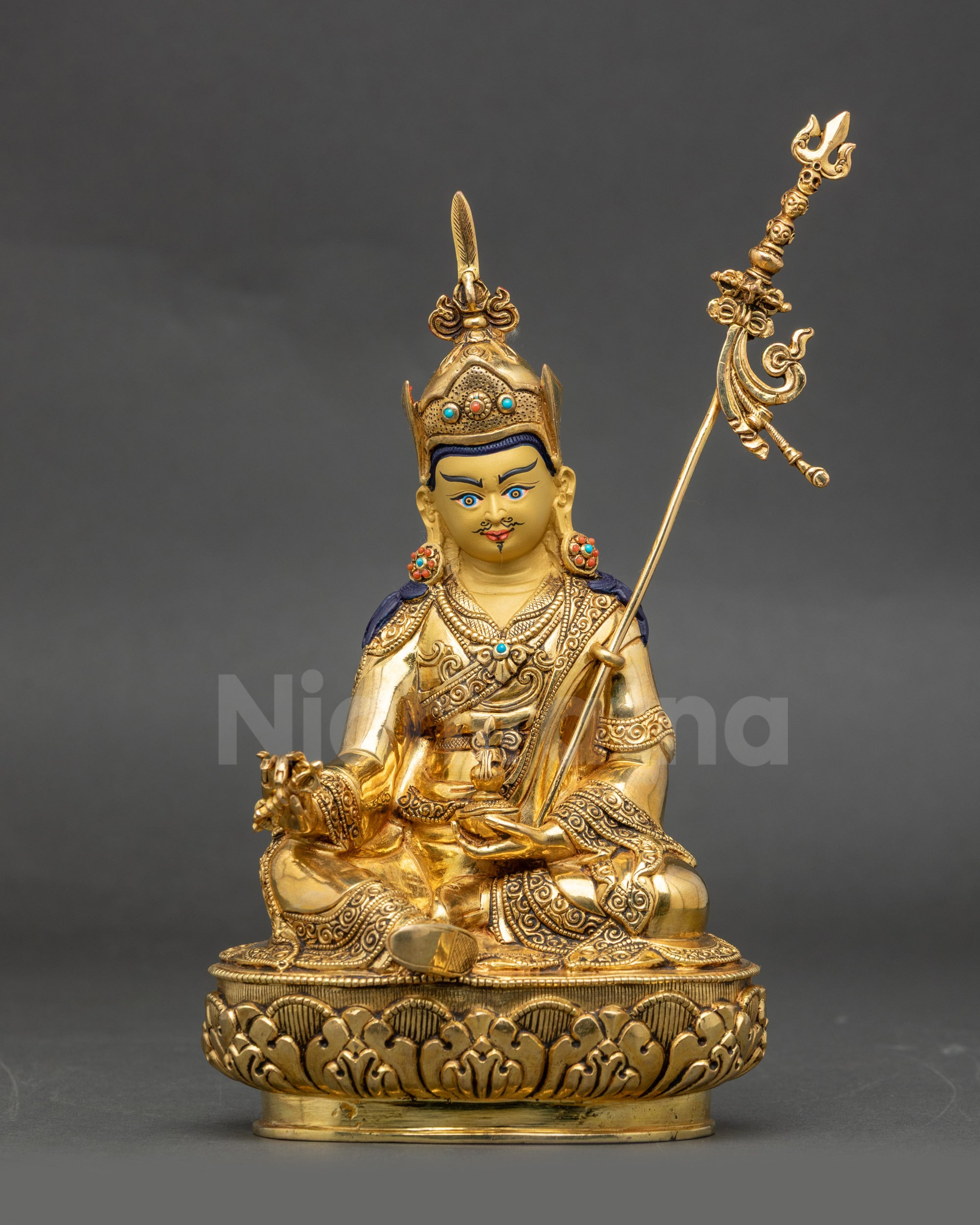 Front view Guru Rinpoche Padmasambhava statue handcrafted in Nepal with 24K gold gilding