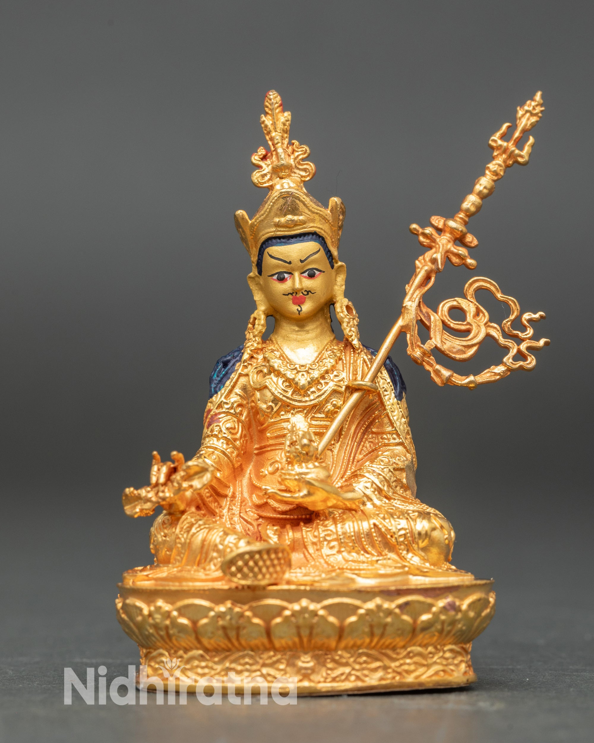Front view Guru Rinpoche gold fire-gilded Padmasambhava lotus statue