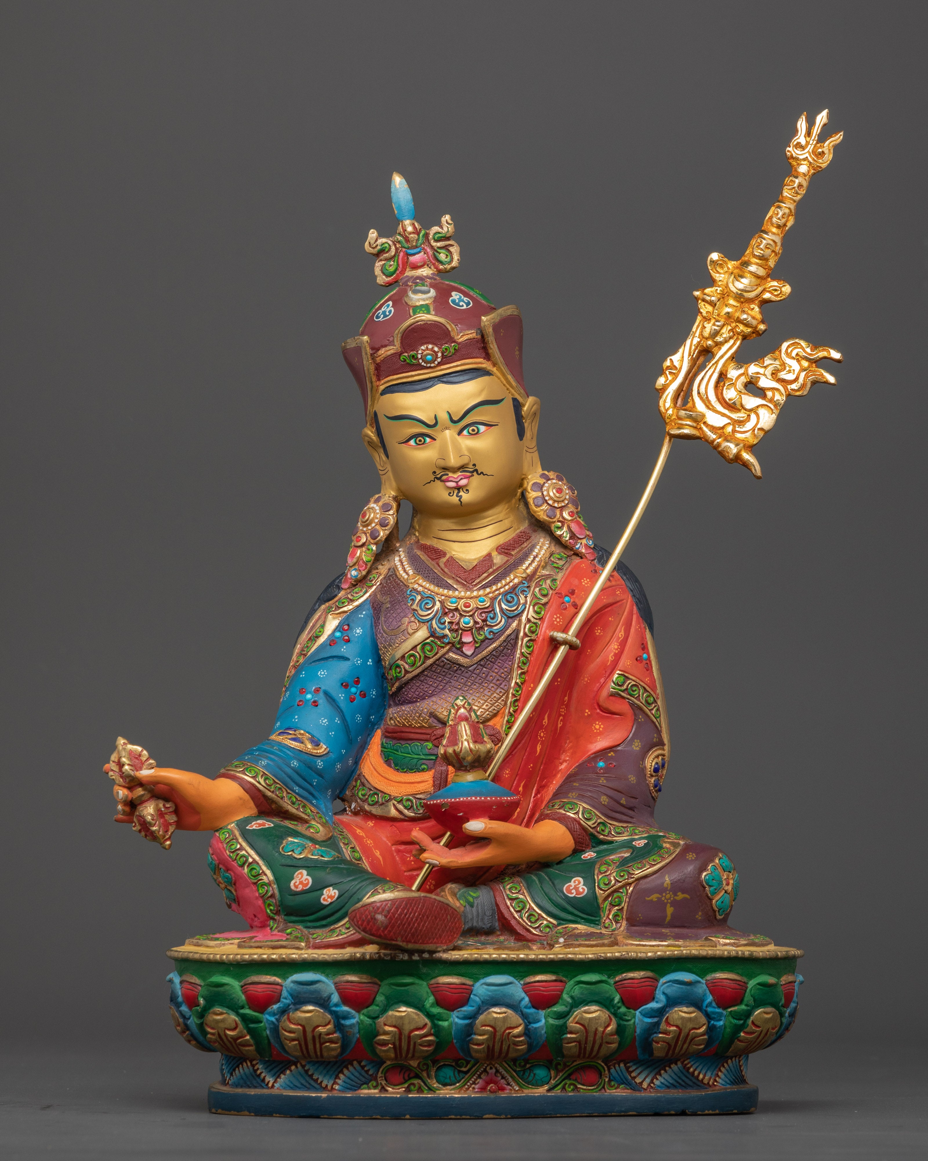 Front view Guru Rinpoche statue copper gold-painted face Nepalese Buddhist master