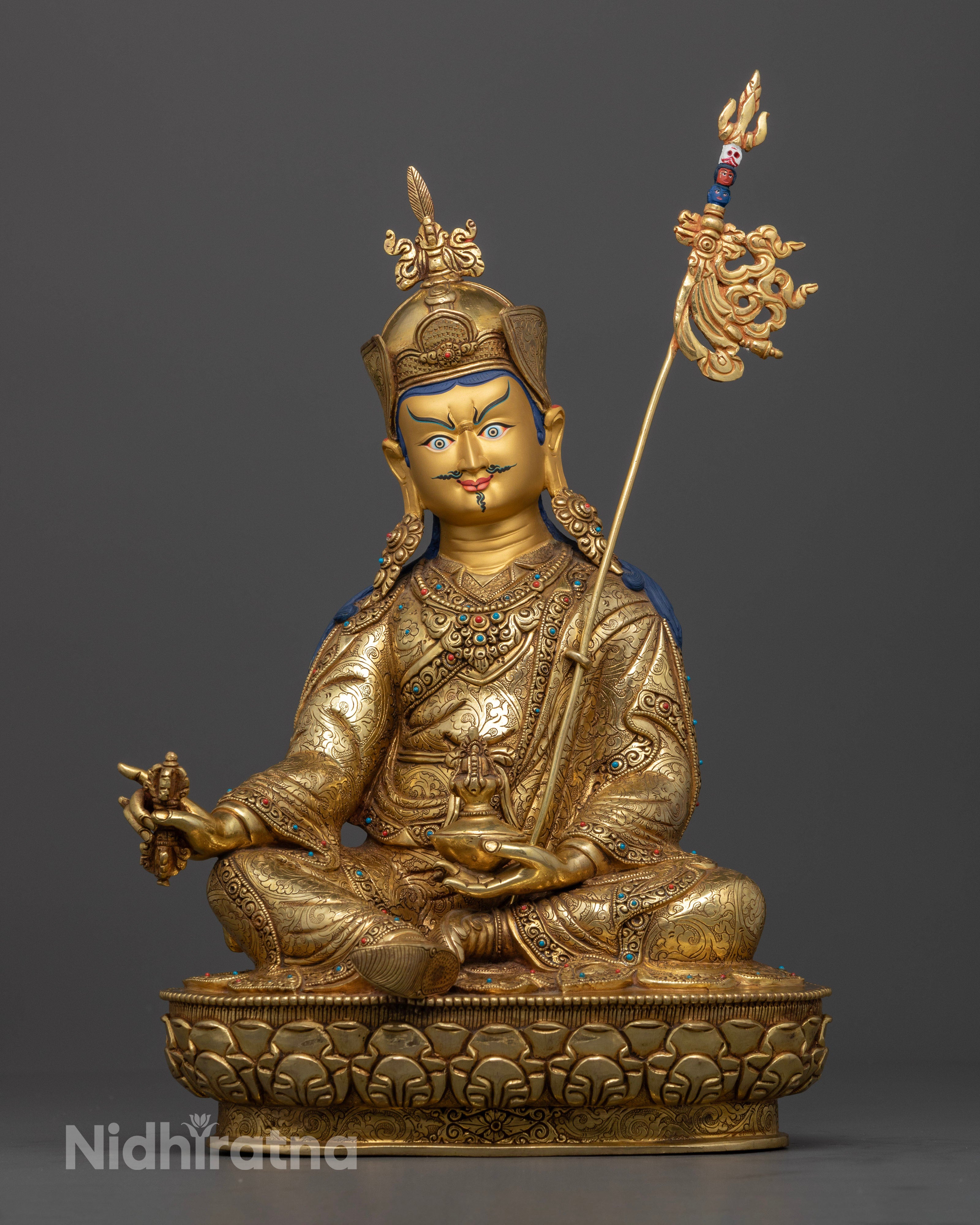 Front view Guru Rinpoche statue with lotus throne, gold fire-gilded copper, handcrafted Nepalese Buddhist art