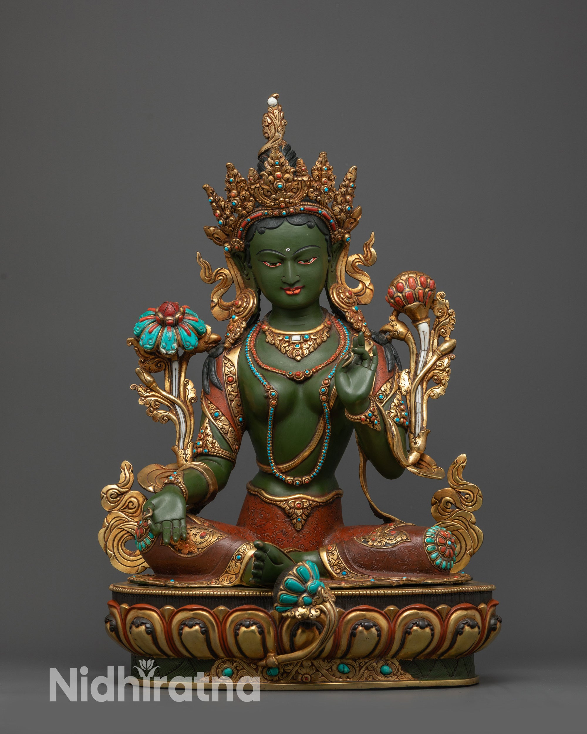 Front view Hand-painted Serene Green Tara Statue on lotus seat with gold-plated robe