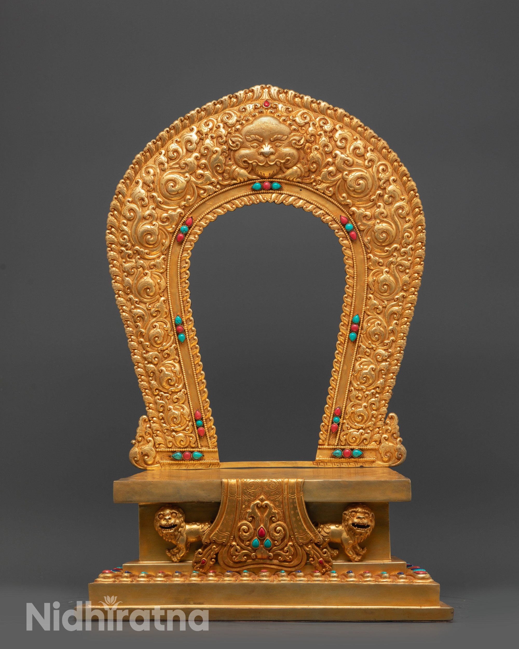 Front view Handcrafted Gold-Gilded Throne with intricate carvings for deity statues