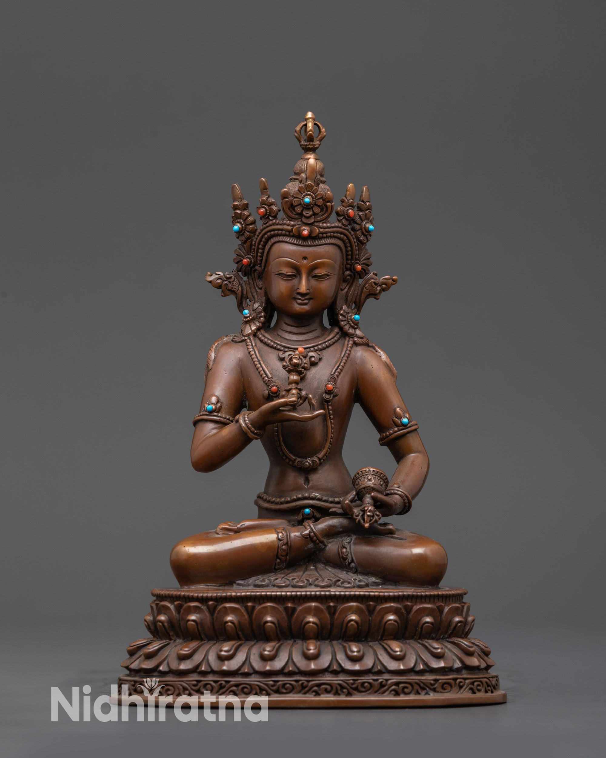 Front view Handcrafted Oxidized Dorje Sempa Statue with lotus seat and semi-precious crown