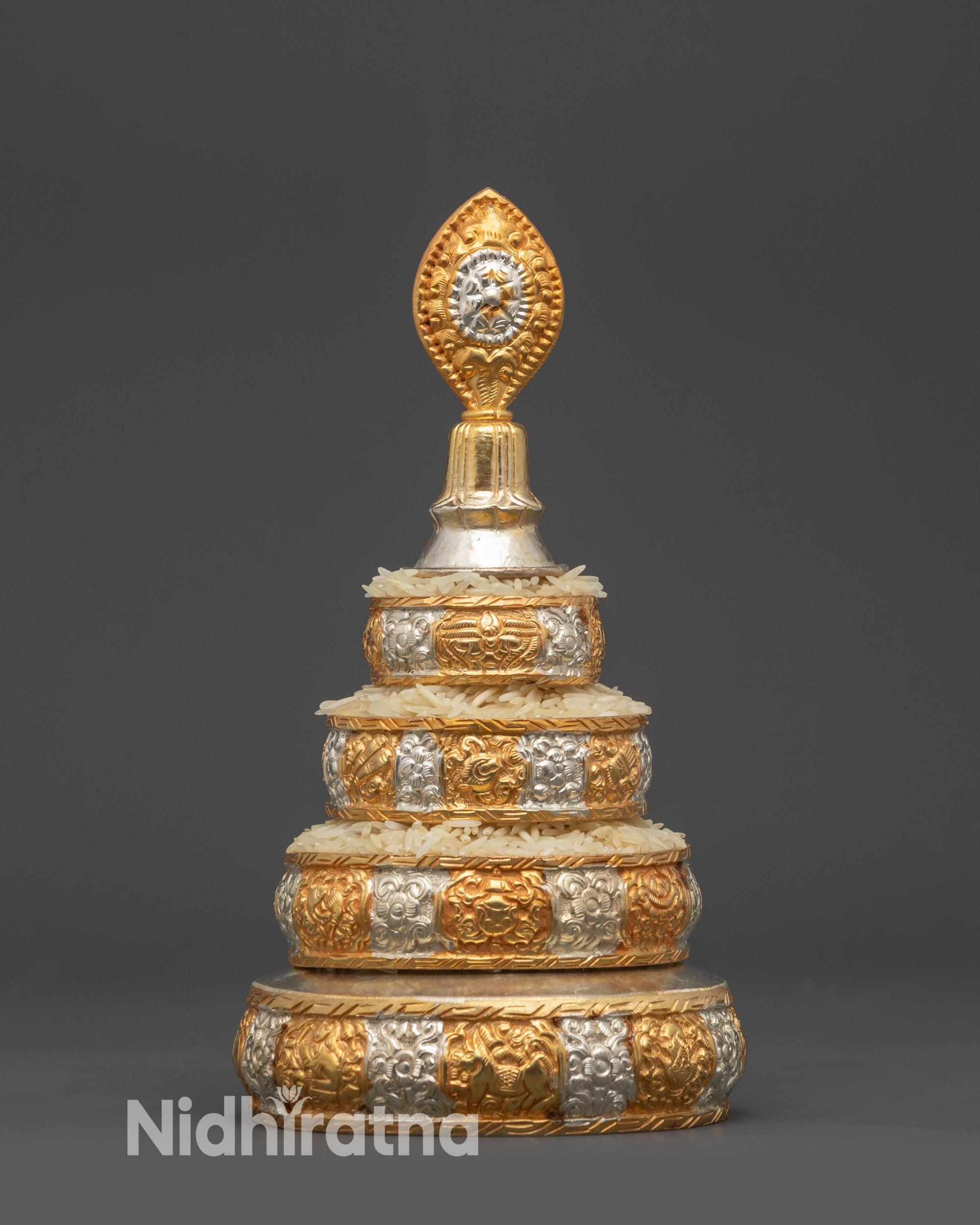 Front view Handcrafted Tibetan Mandala Offering with gold and silver filigree design