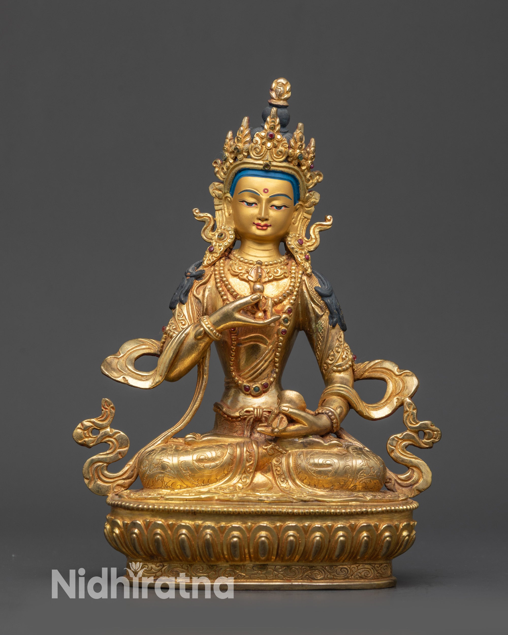 Front view Handcrafted Vajrasattva statue with gold-gilded face and lotus seat