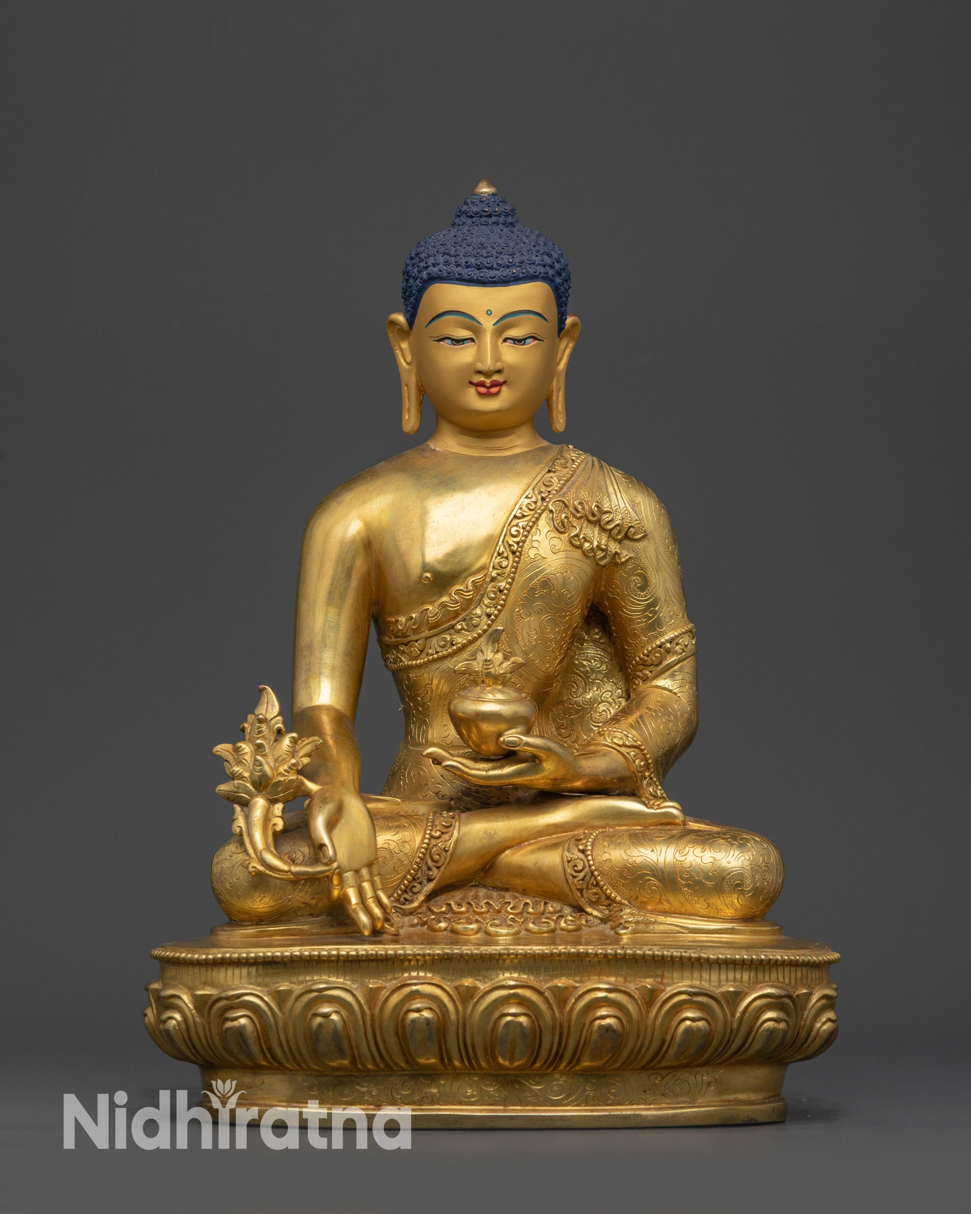 Front view Handmade Medicine Buddha Statue with gold-gilded face and lotus throne
