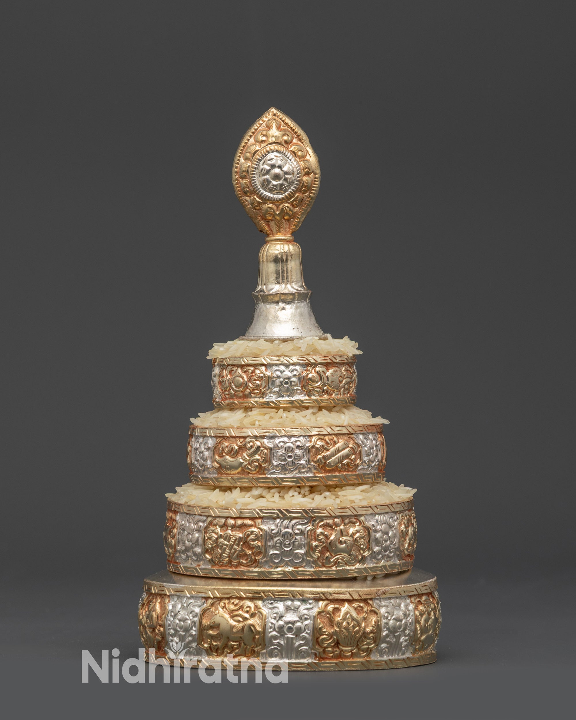 Front view High-Quality Ratna Mandala Offering Set, handcrafted copper with gold filigree for rituals and meditation altars