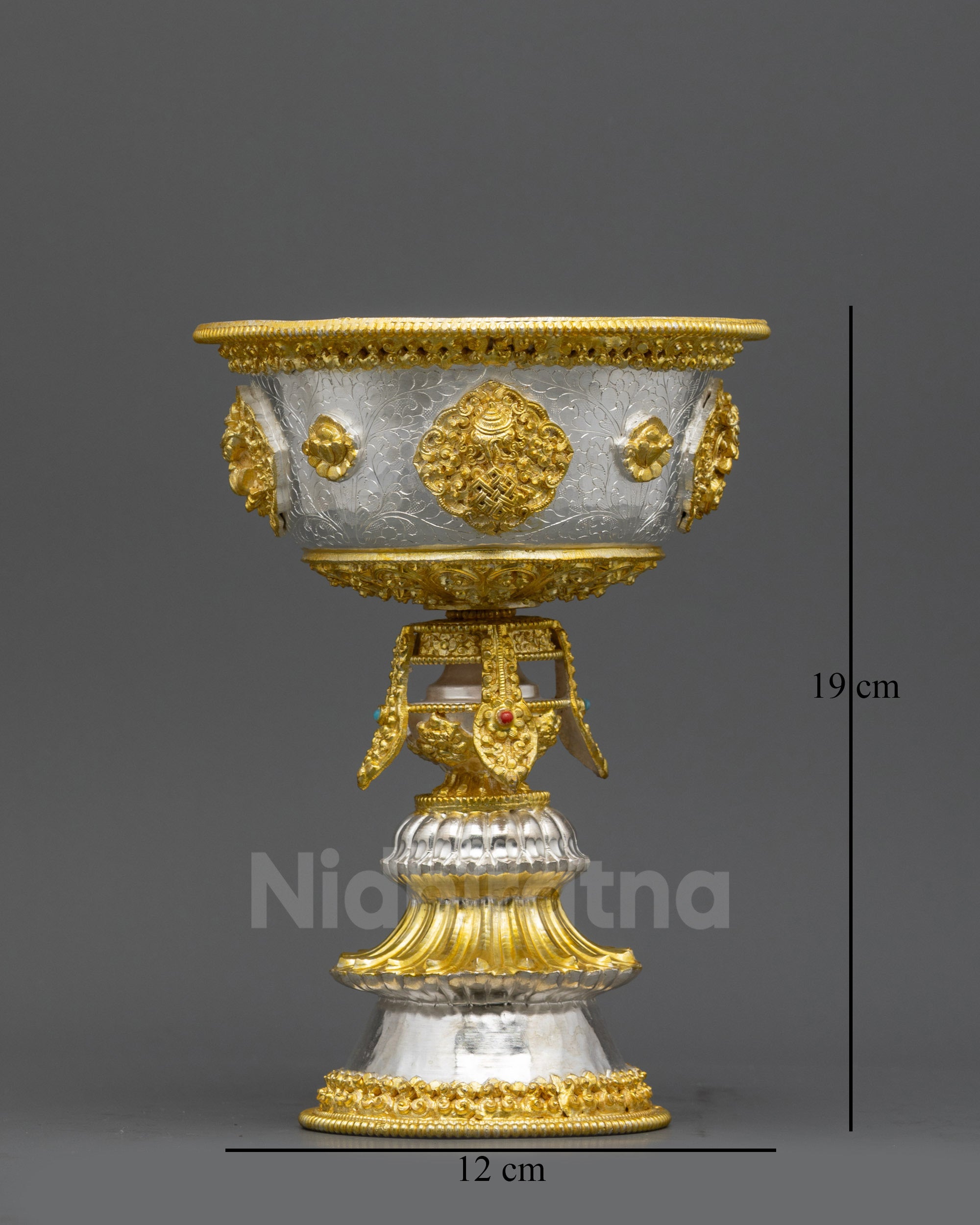 Front view Himalayan Butter Lamp with gold and silver plating for altar use