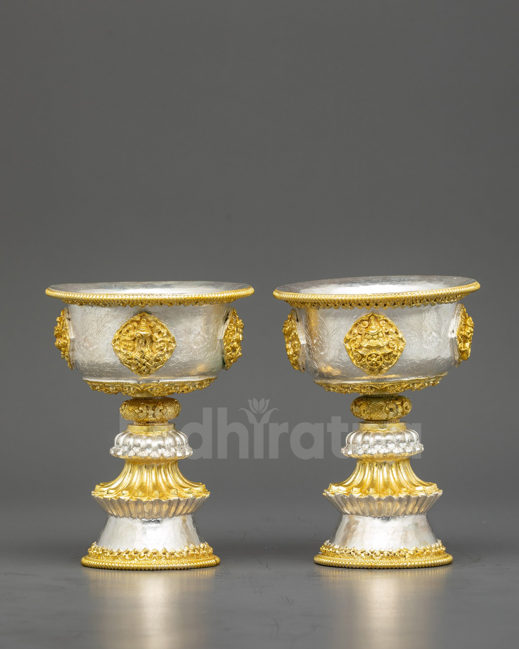 Front view Himalayan butter lamp set, gold and silver-plated copper, Buddhist altar lamps