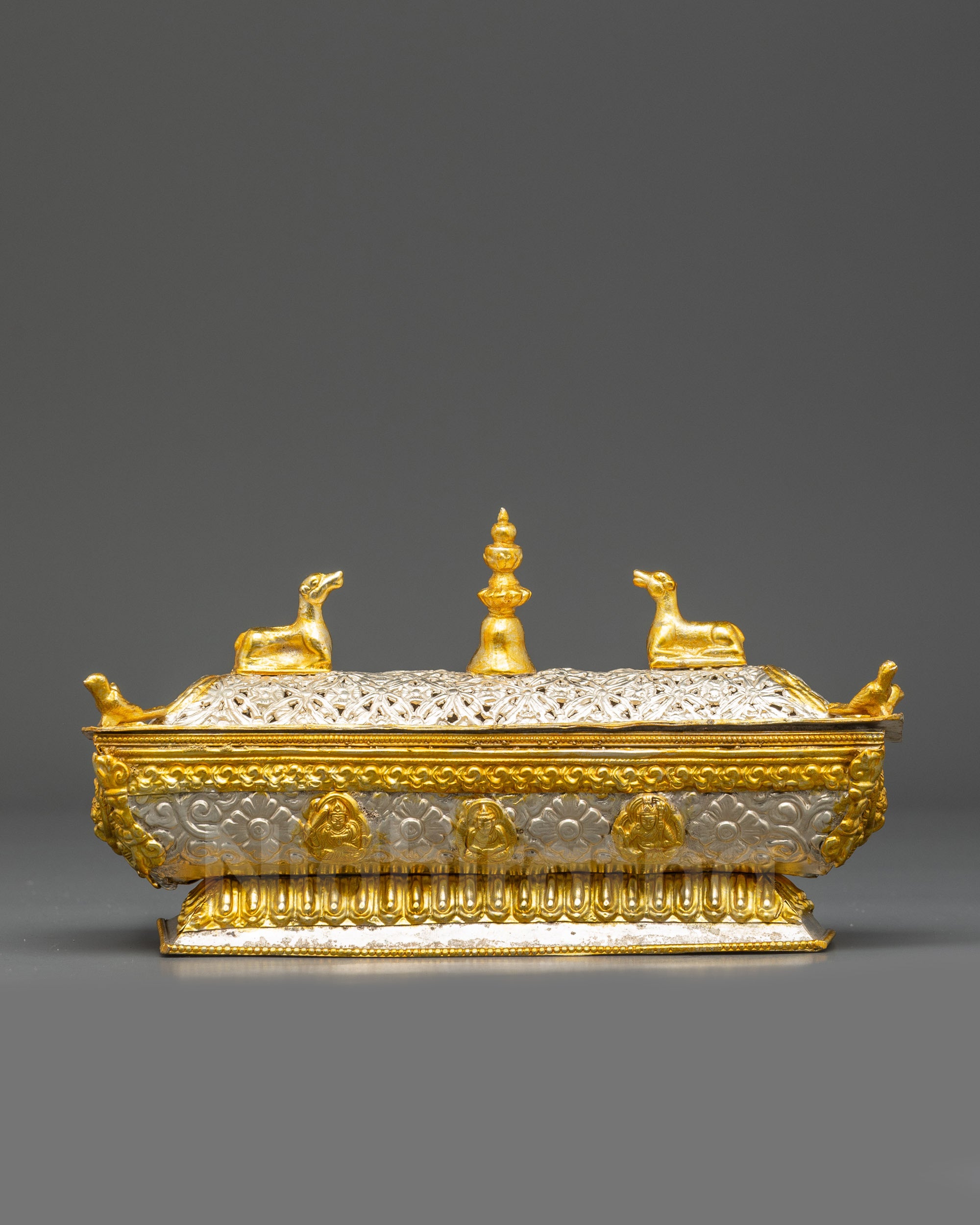 Front view Himalayan incense burner with Dharmachakra deer lid, copper gold silver Buddhist ritual art