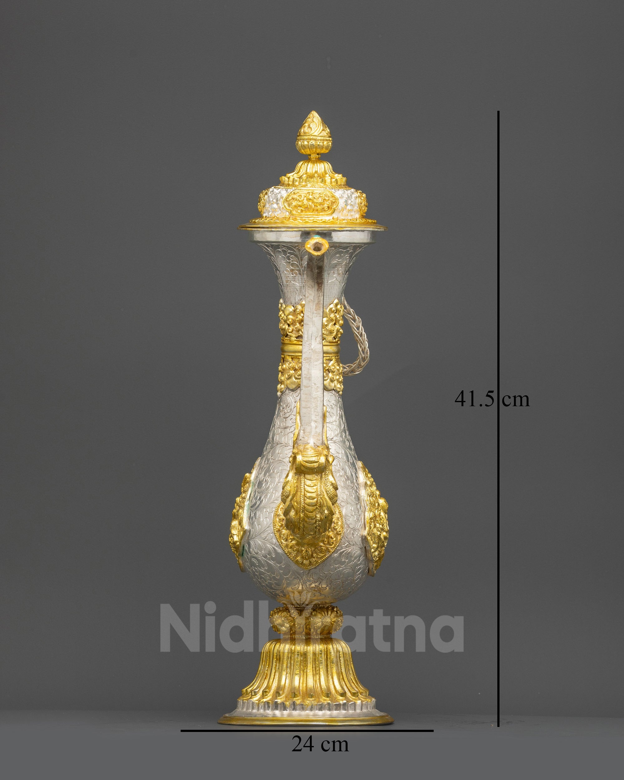 Front view Himalayan ritual tea pot with dragon handle gold silver plated copper