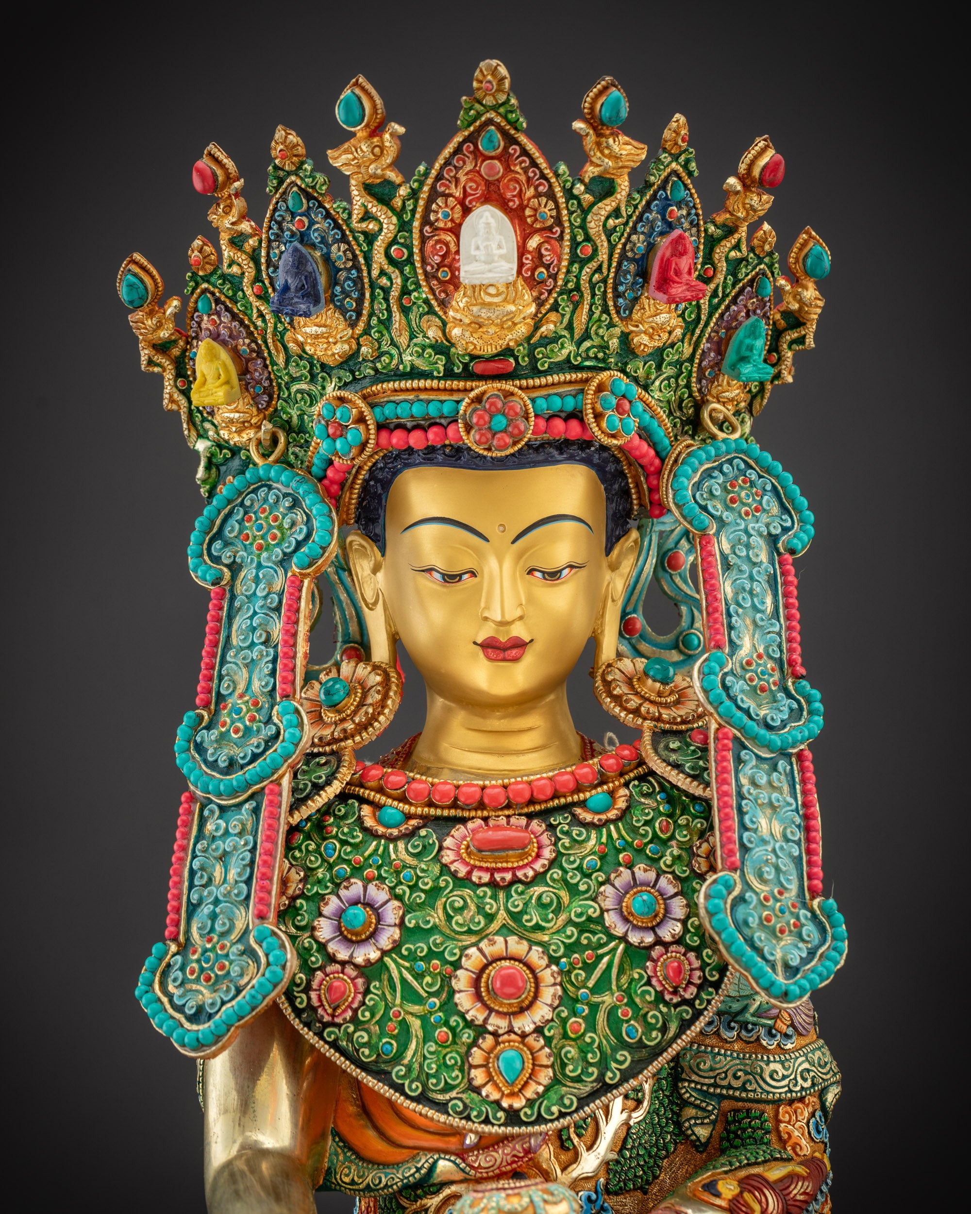 Front view Jowo Rinpoche Shakyamuni statue with gold-gilded face and jeweled crown