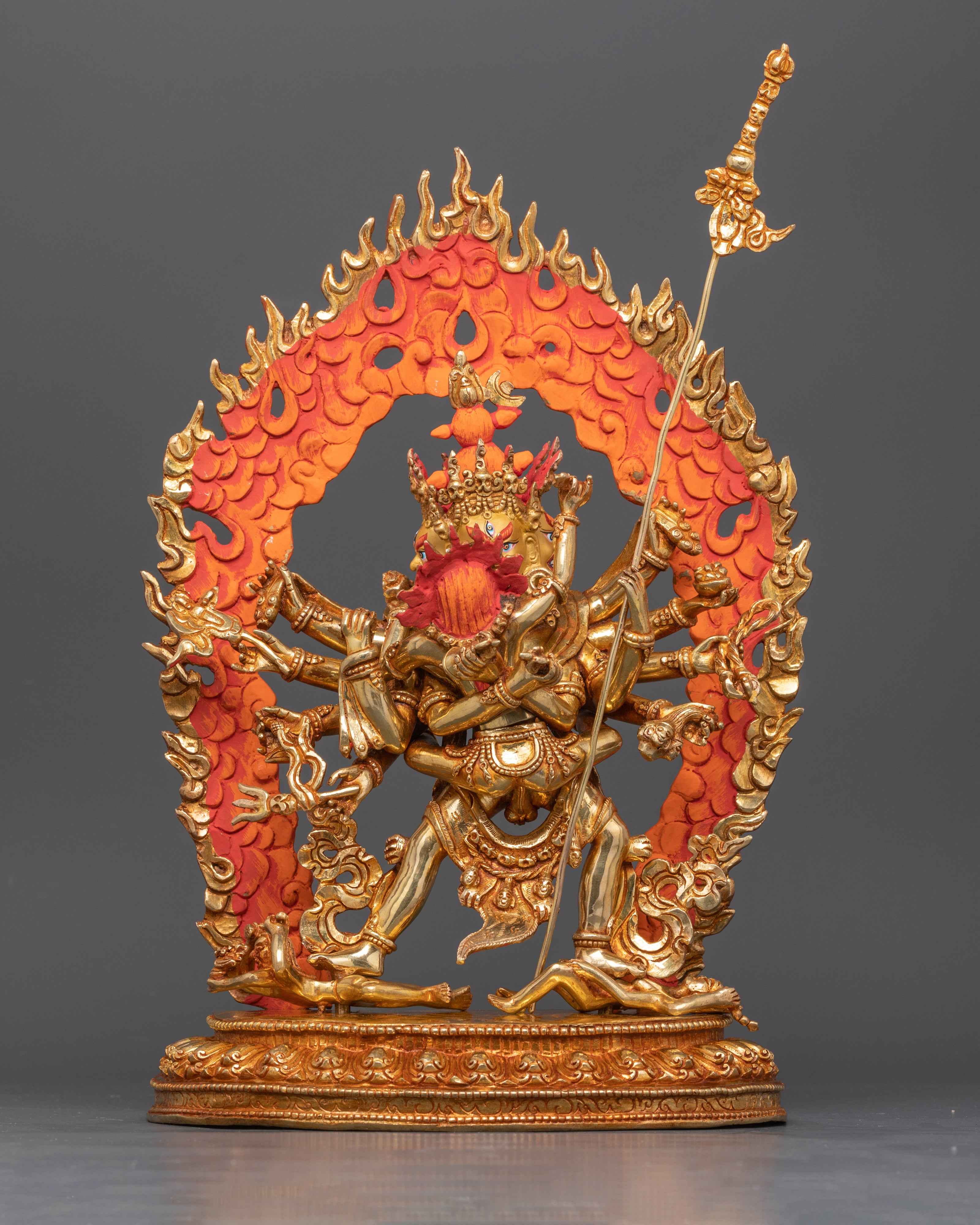 Front view Kalachakra and Consort Statue on lotus seat with halo and flames