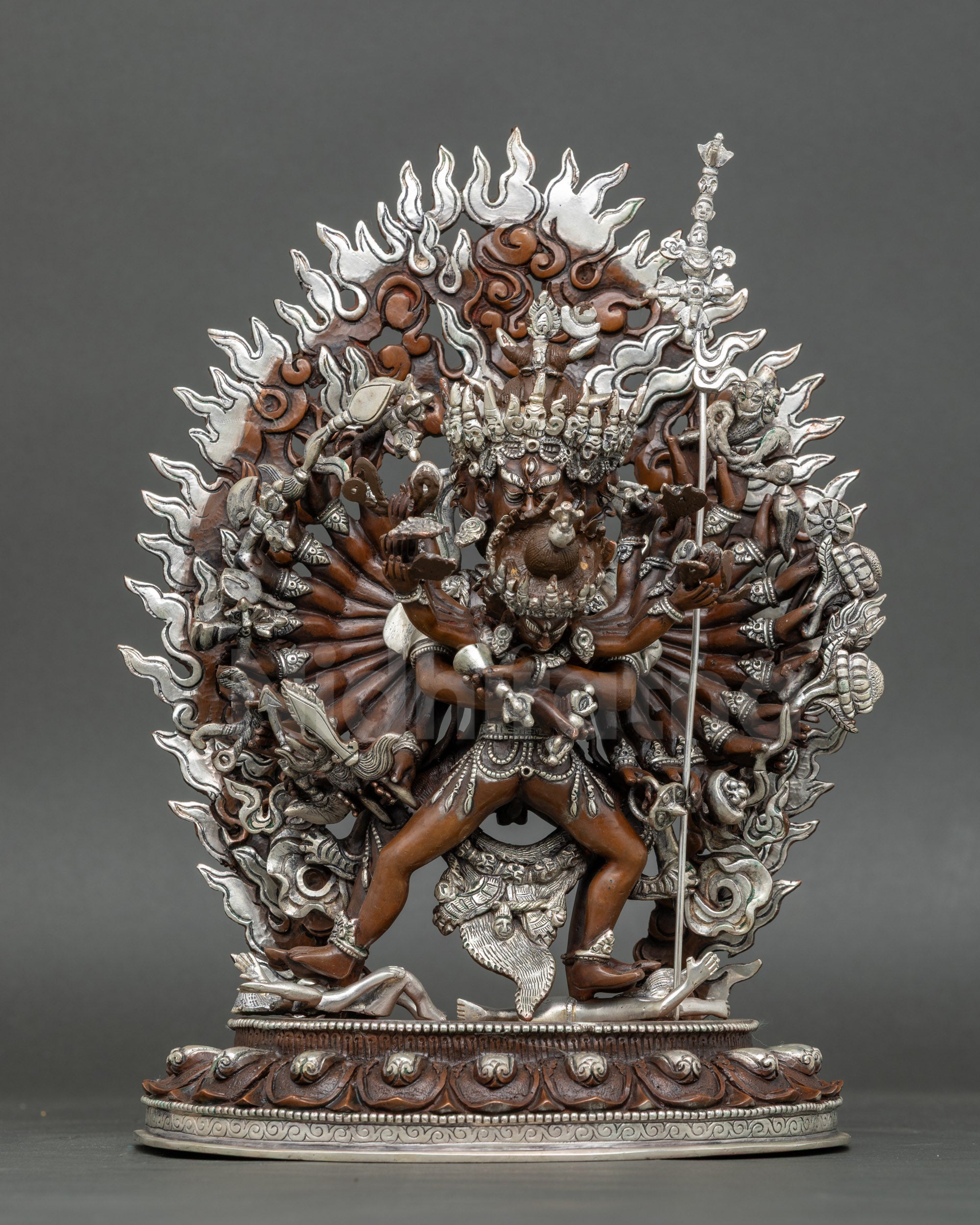 Front view Kalachakra with Consort statue, oxidized copper silver-plated Nepalese art