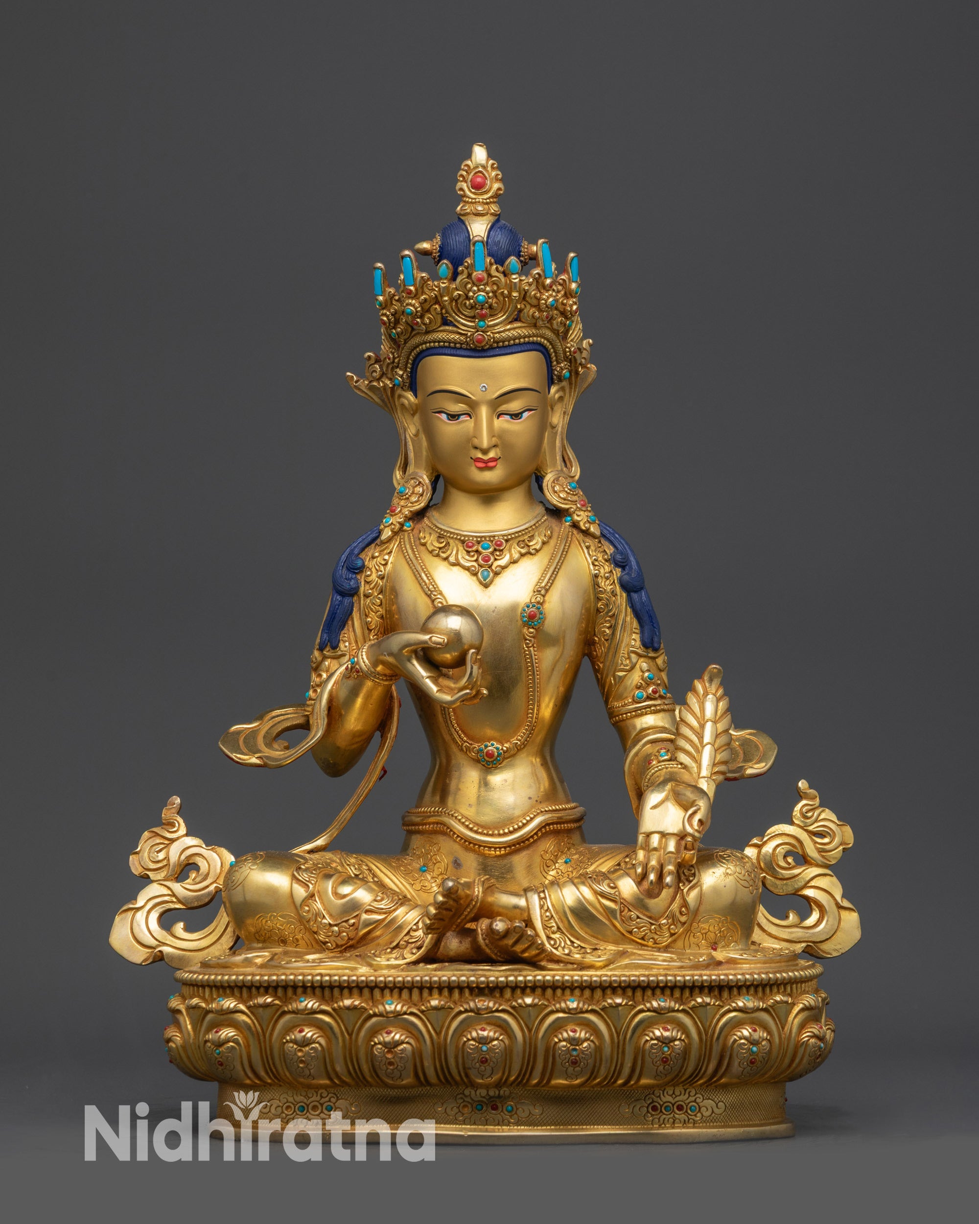 Front view Kshitigarbha Bodhisattva statue with gold-gilded face and lotus pedestal
