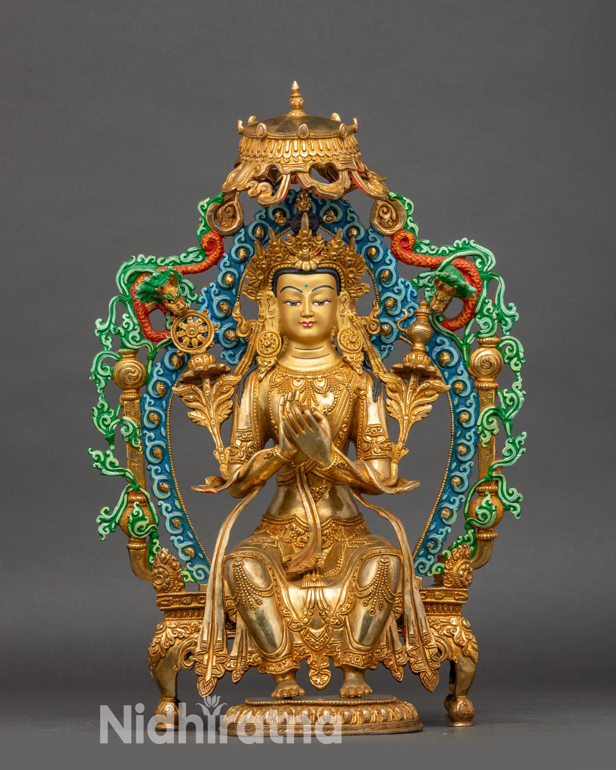 Front view Maitreya Buddha statue, copper with 24K gold and gold-painted face