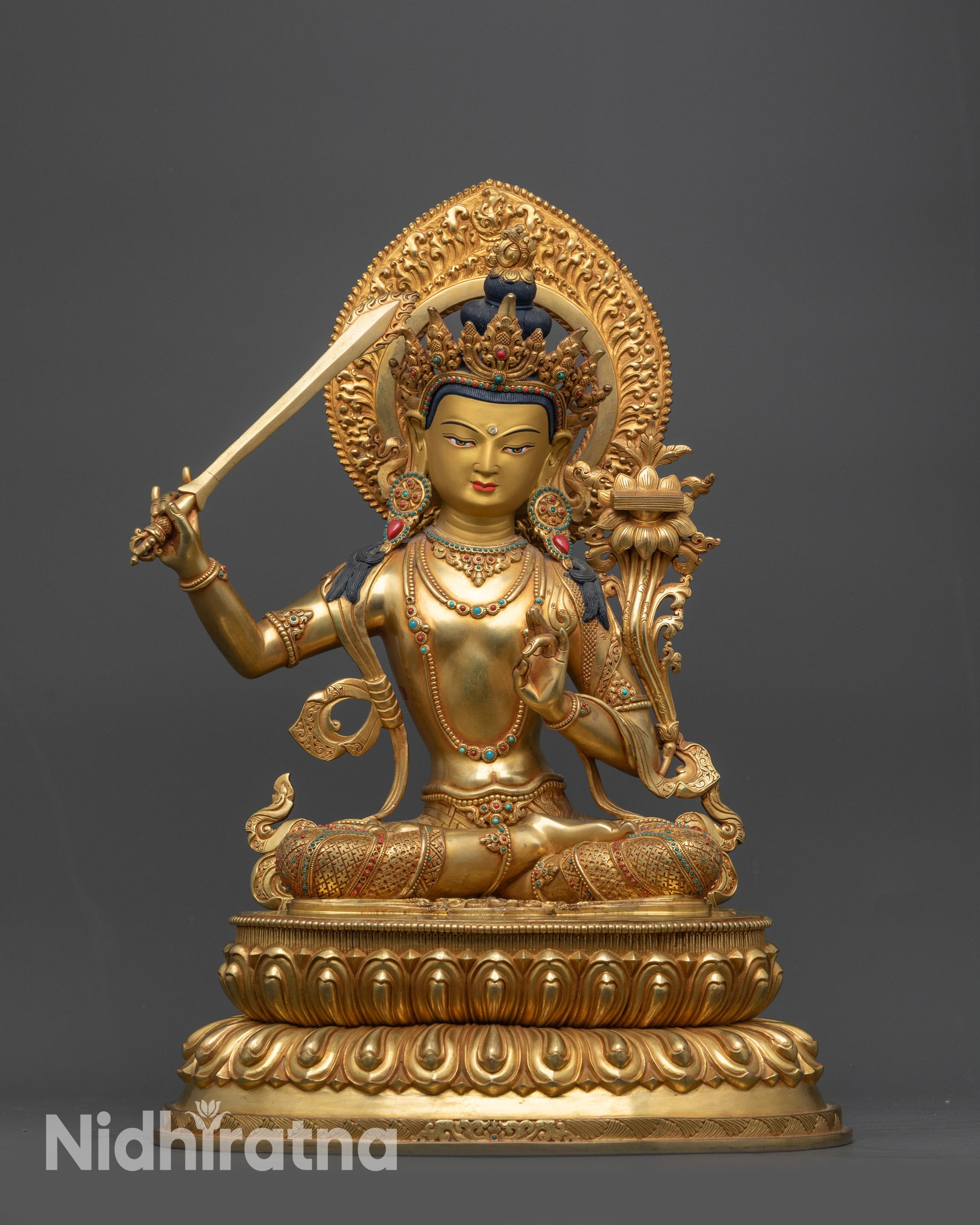 Front view Manjushri Statue with 24K fire-gilded copper body on lotus seat