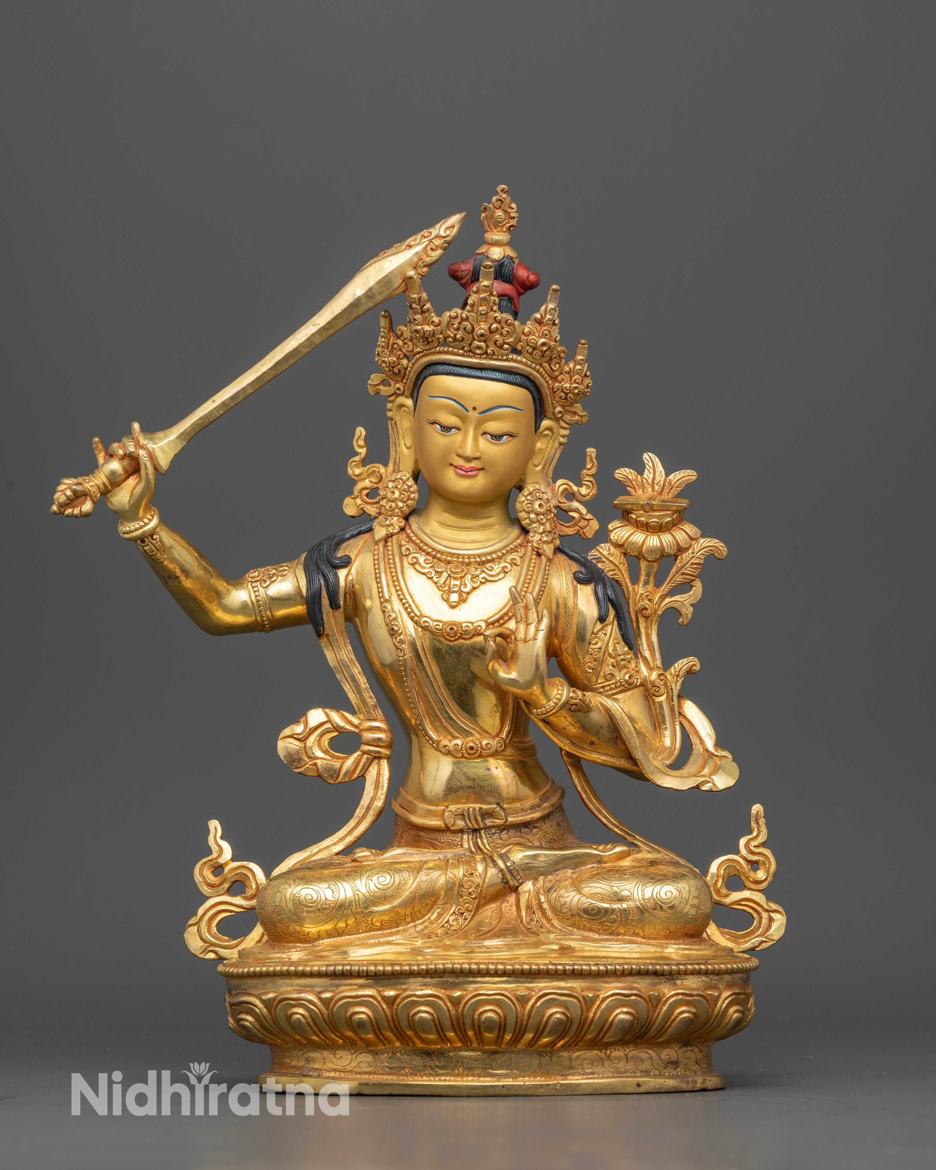 Front view Manjushri wisdom Buddha statue 24K gold gilded copper lotus throne Nepal art